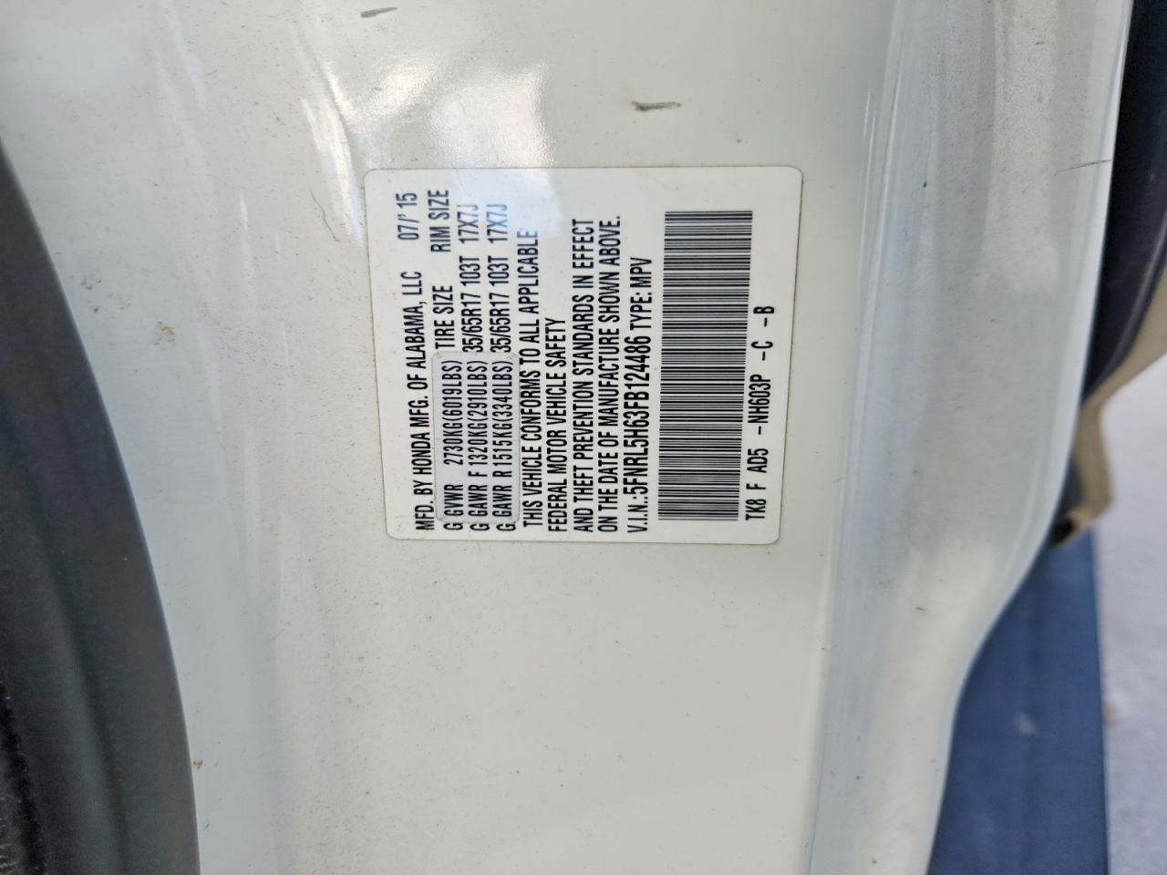 2015 Honda Odyssey Exl White vin: 5FNRL5H63FB124486