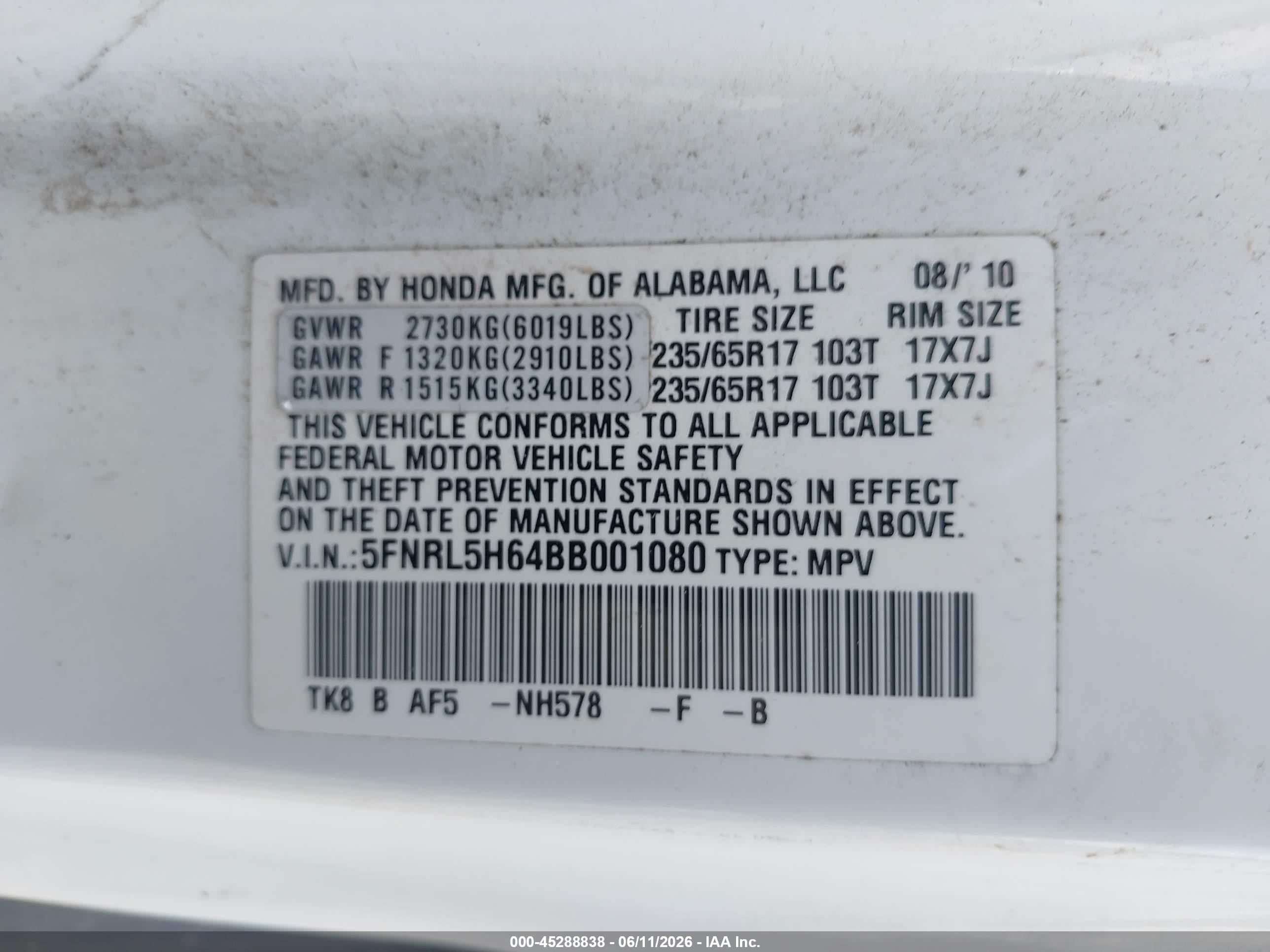 2011 Honda Odyssey Ex-l White vin: 5FNRL5H64BB001080