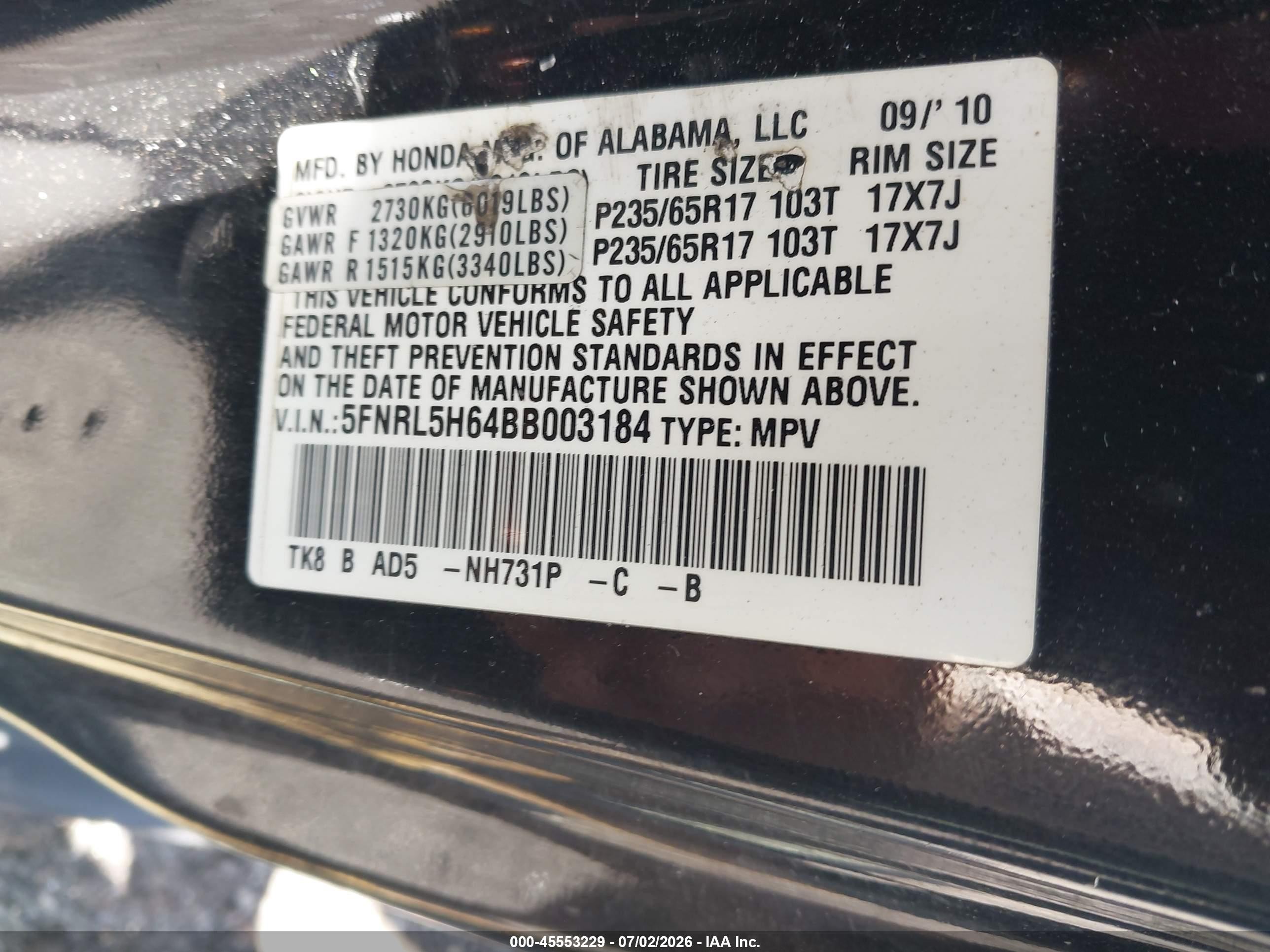 2011 Honda Odyssey Ex-l Black vin: 5FNRL5H64BB003184