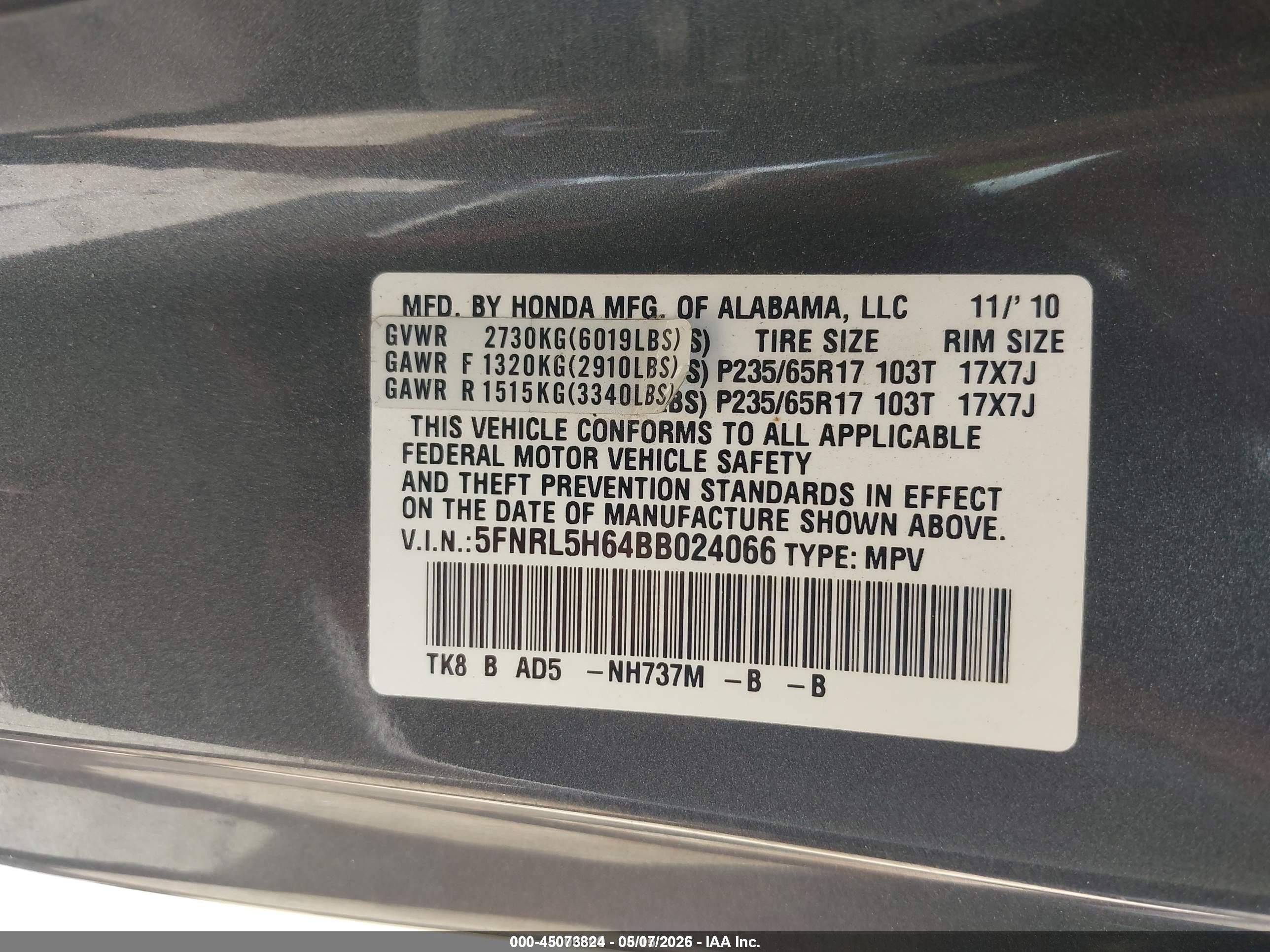 2011 Honda Odyssey Ex-l Gray vin: 5FNRL5H64BB024066