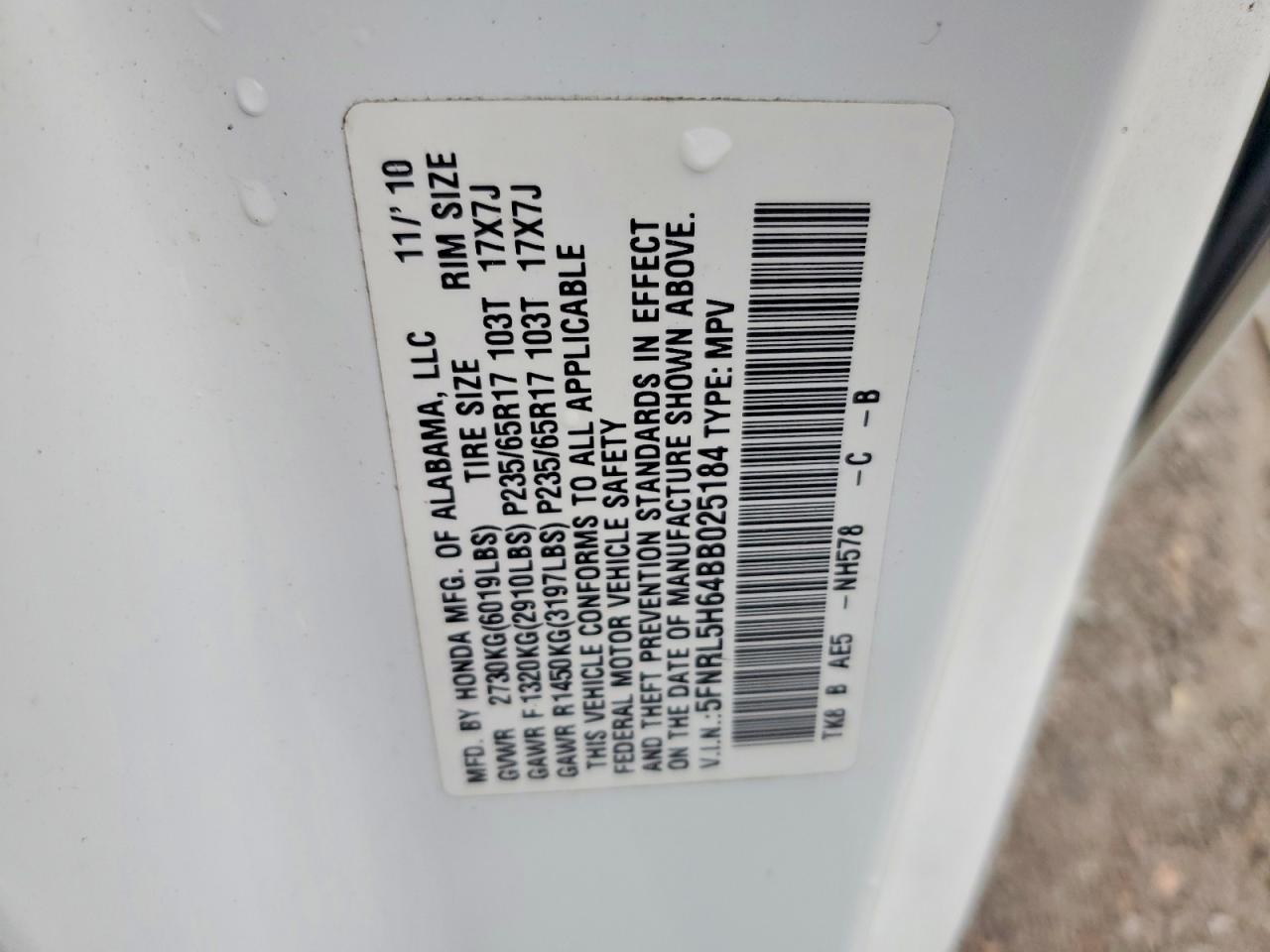 2011 Honda Odyssey Exl White vin: 5FNRL5H64BB025184