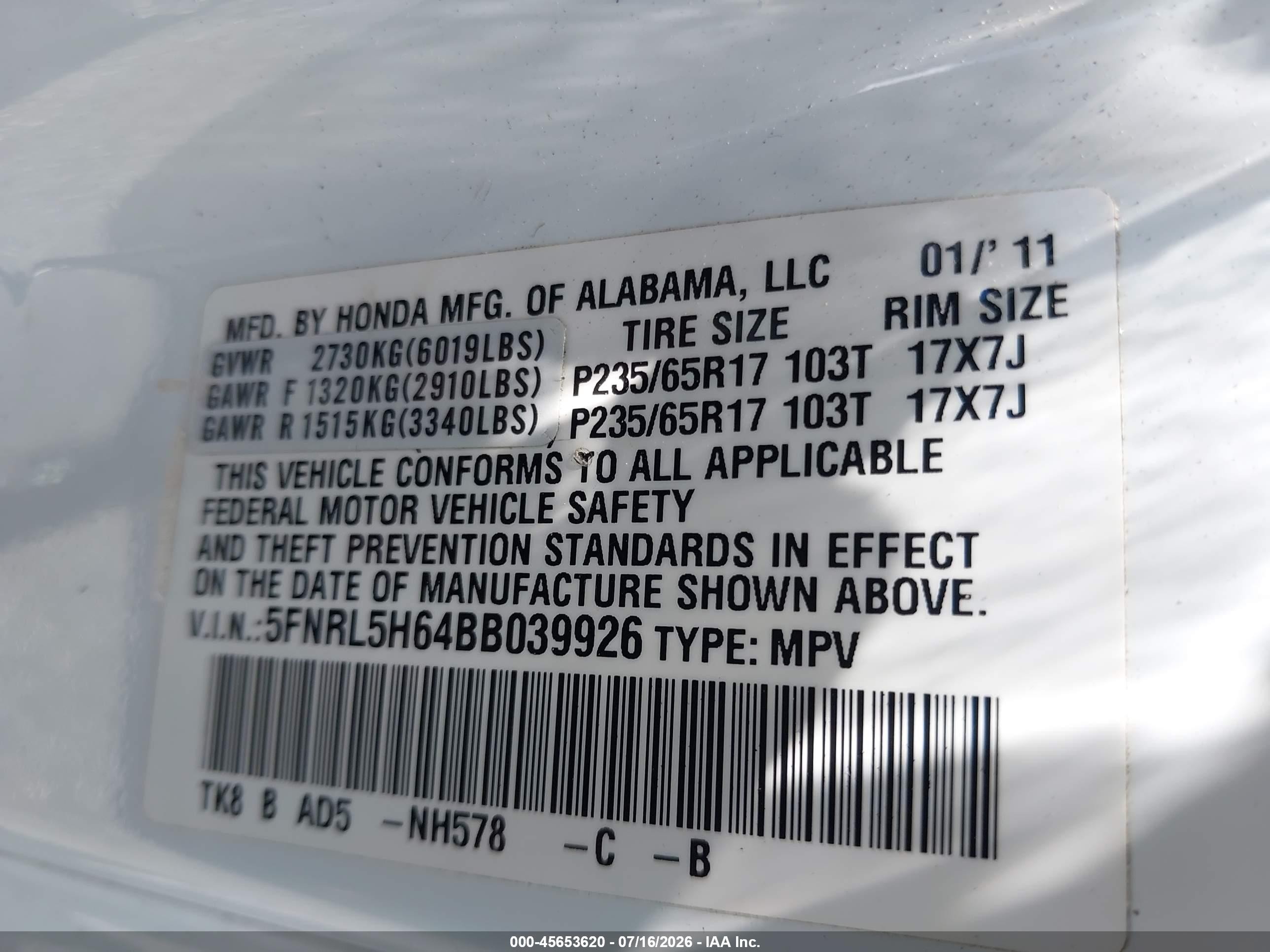 2011 Honda Odyssey Ex-l White vin: 5FNRL5H64BB039926