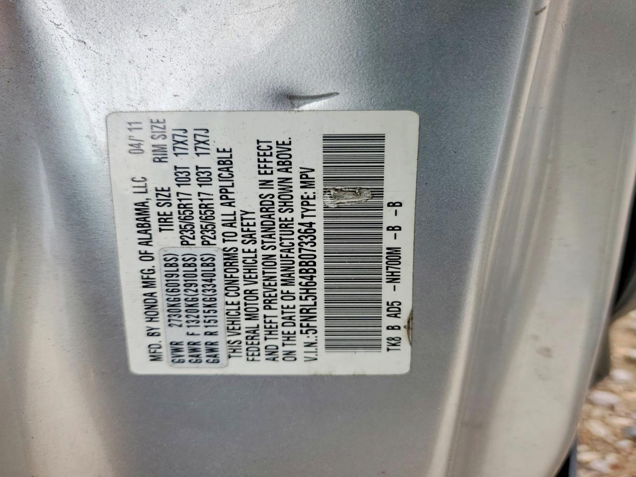 2011 Honda Odyssey Exl Silver vin: 5FNRL5H64BB073364