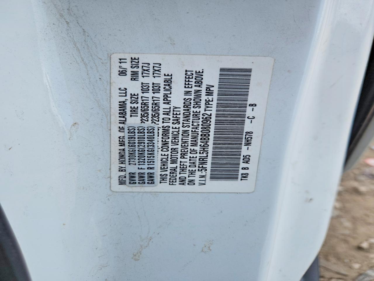 2011 Honda Odyssey Exl White vin: 5FNRL5H64BB080962