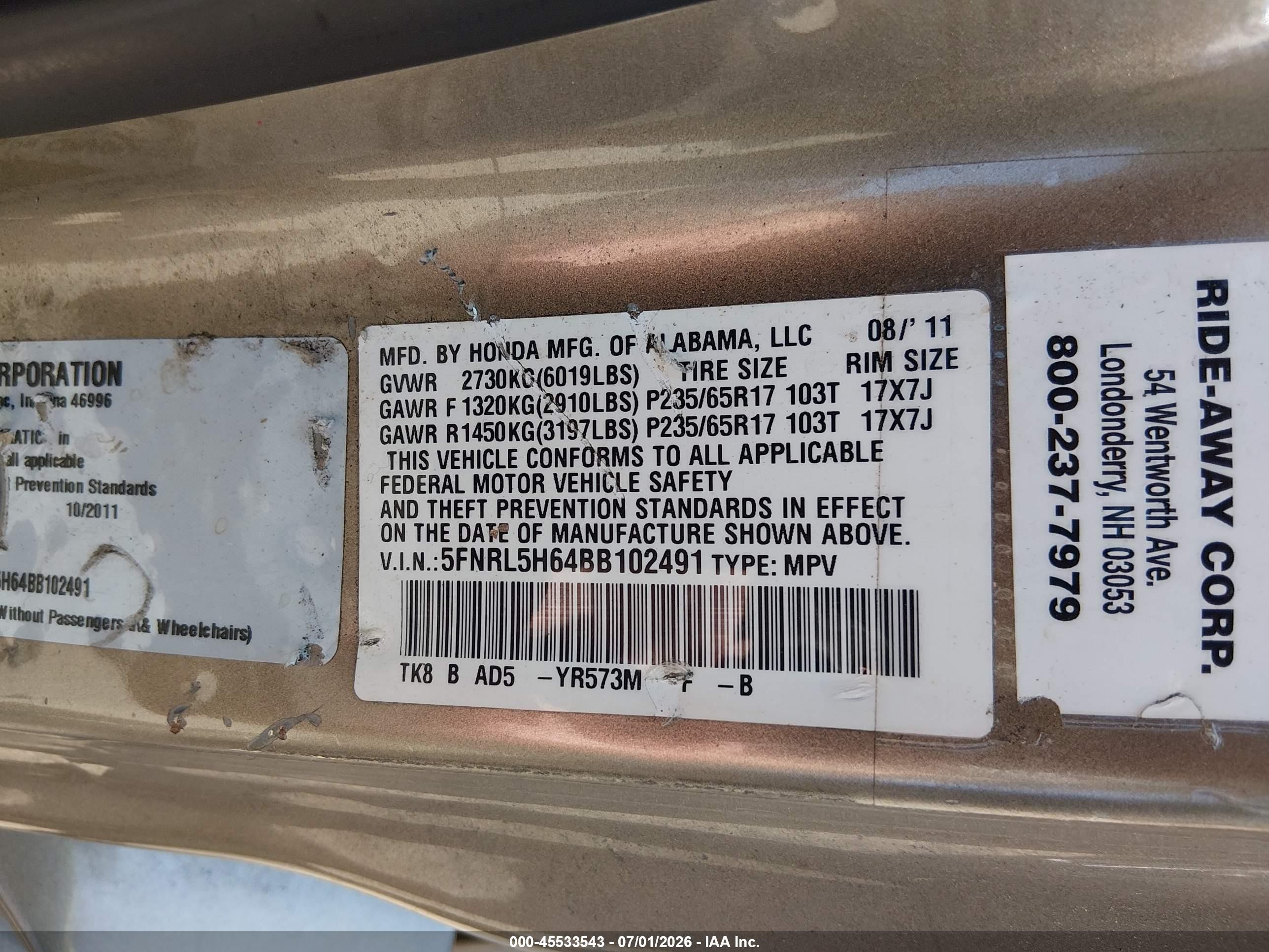 2011 Honda Odyssey Ex-l Brown vin: 5FNRL5H64BB102491