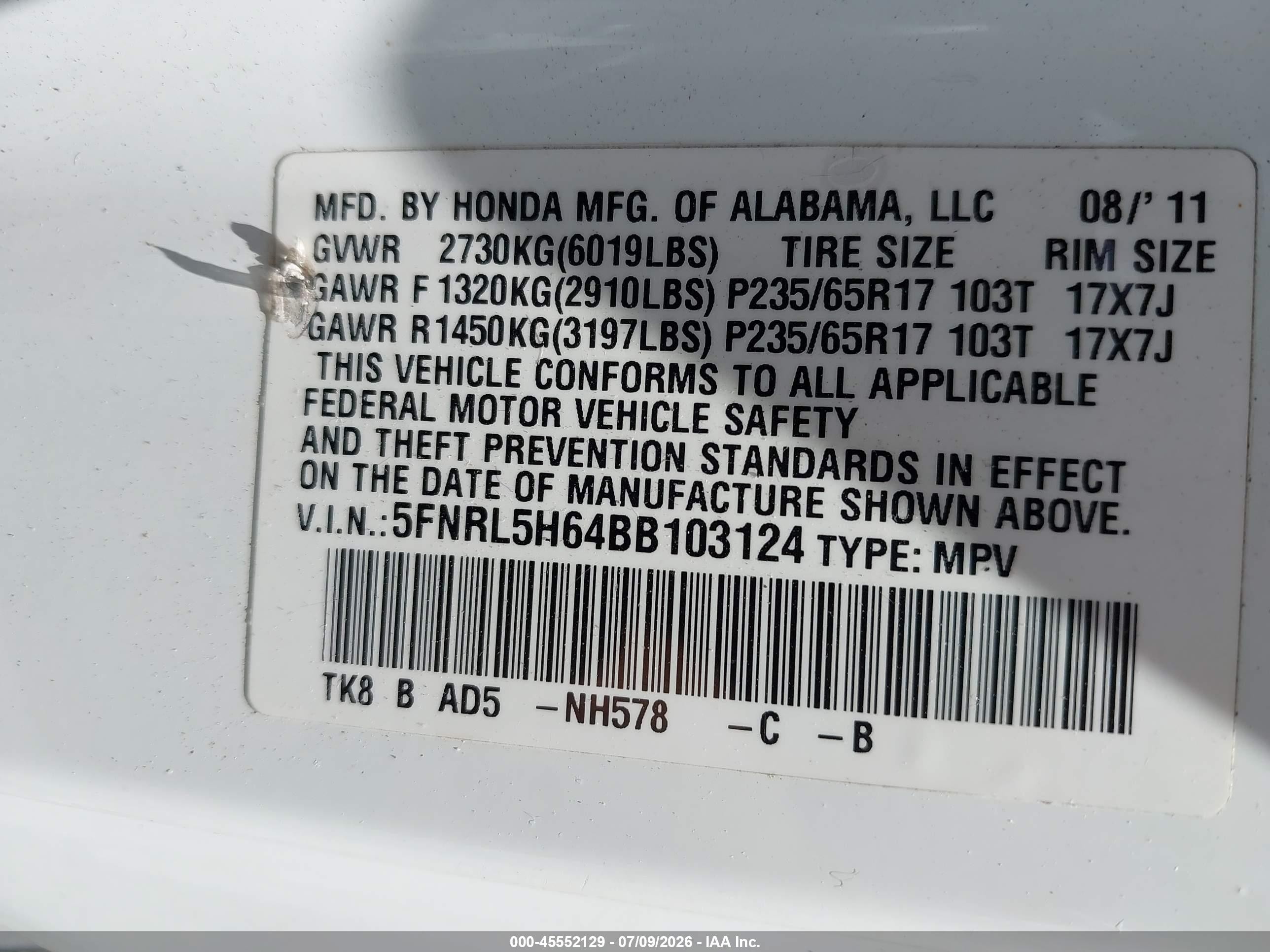 2011 Honda Odyssey Ex-l White vin: 5FNRL5H64BB103124