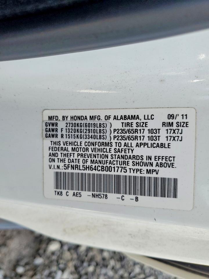 2012 Honda Odyssey Exl White vin: 5FNRL5H64CB001775