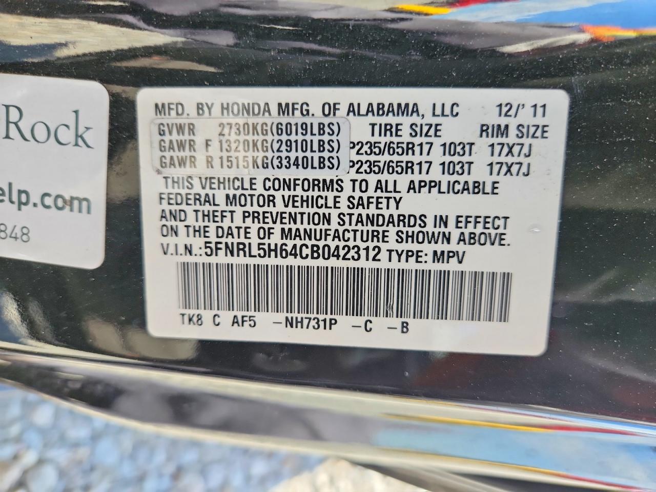 2012 Honda Odyssey Exl Black vin: 5FNRL5H64CB042312