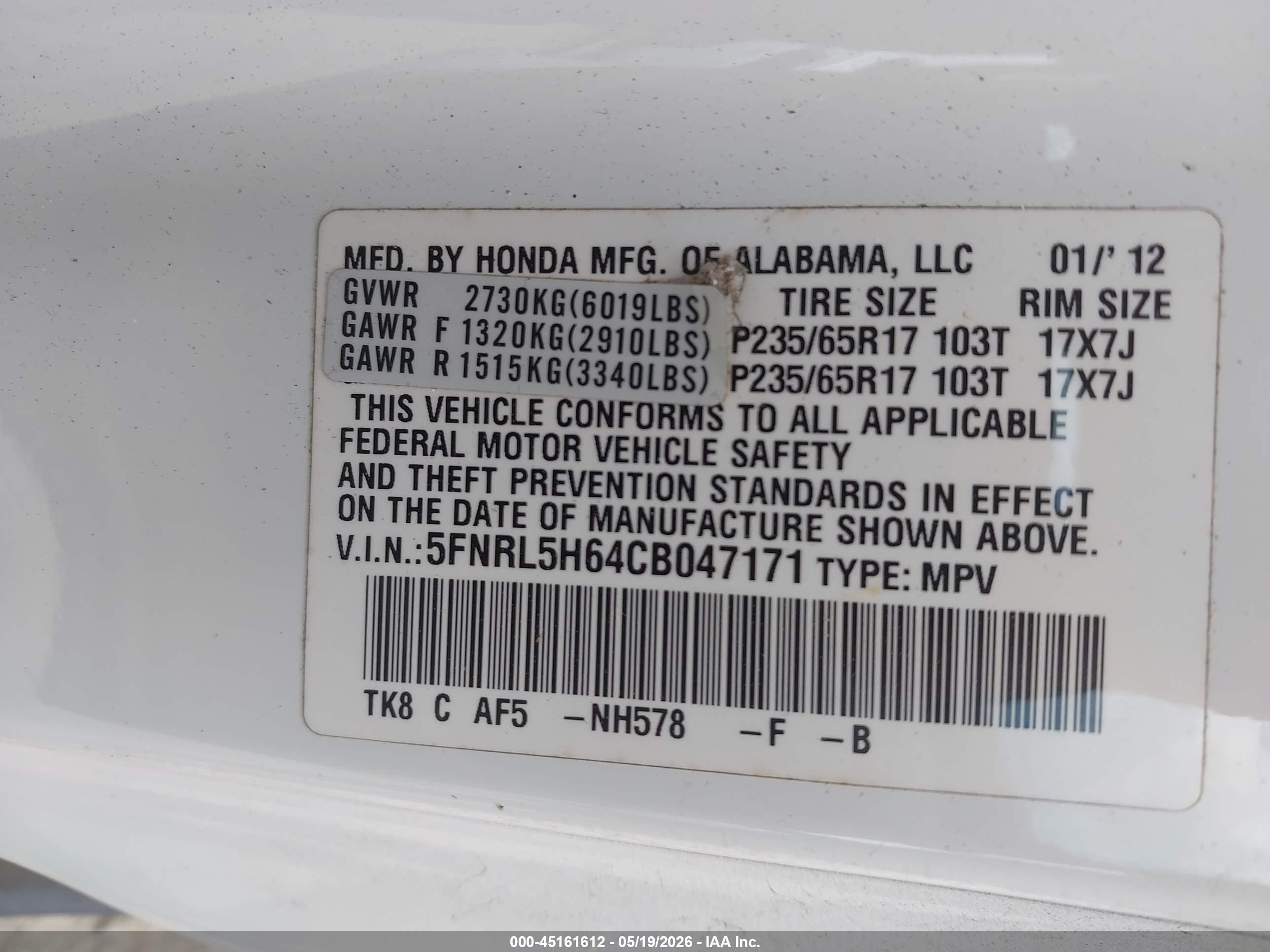 2012 Honda Odyssey Ex-l White vin: 5FNRL5H64CB047171