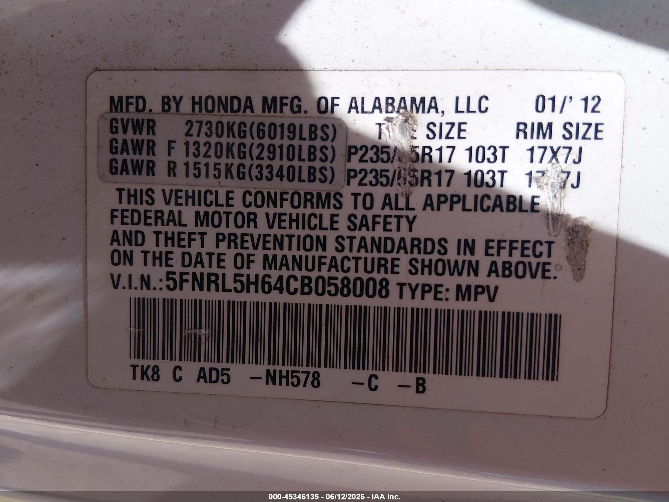 2012 Honda Odyssey Ex-l White vin: 5FNRL5H64CB058008