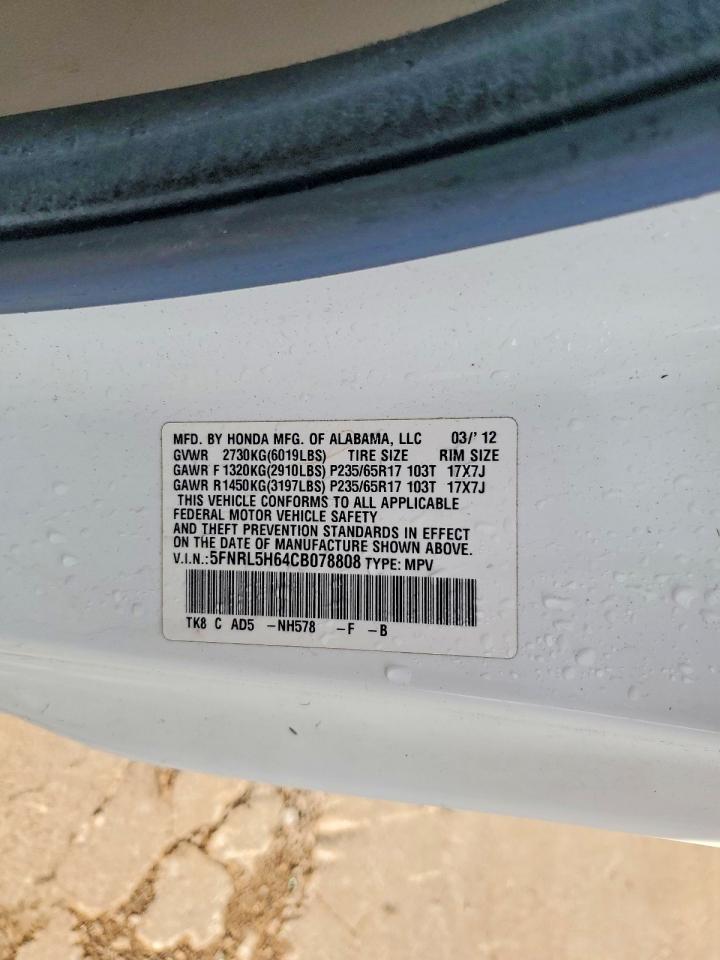 2012 Honda Odyssey Exl White vin: 5FNRL5H64CB078808