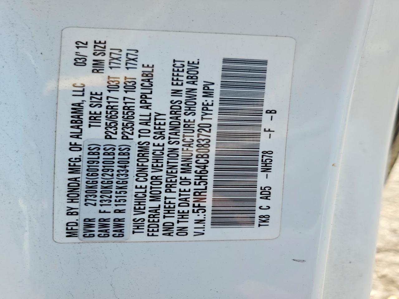 2012 Honda Odyssey Exl White vin: 5FNRL5H64CB083720