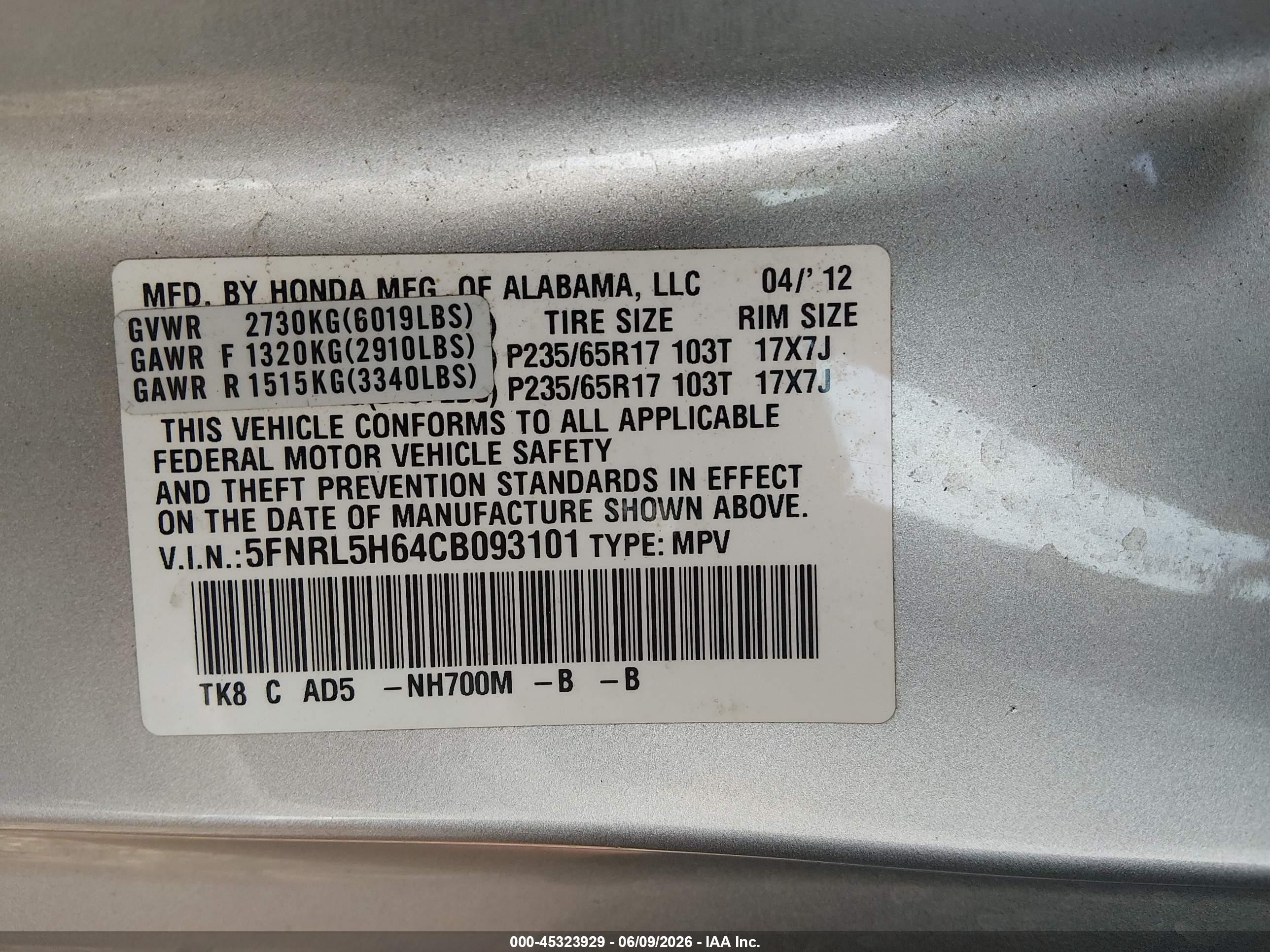 2012 Honda Odyssey Ex-l Silver vin: 5FNRL5H64CB093101