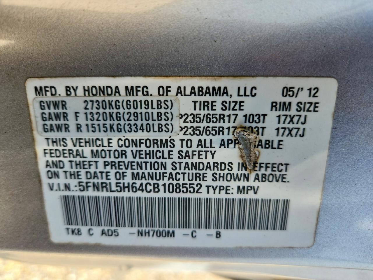 2012 Honda Odyssey Exl Silver vin: 5FNRL5H64CB108552