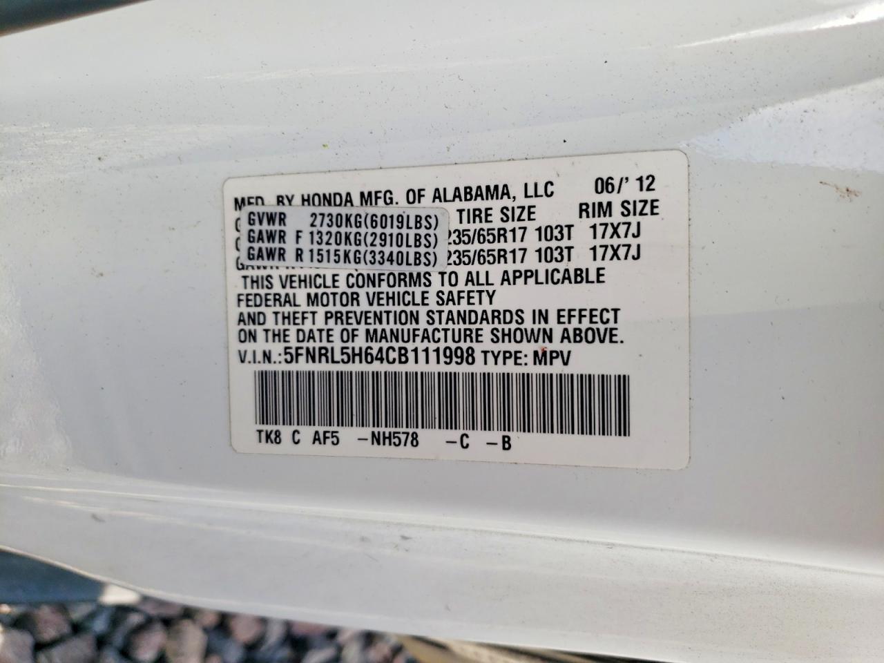 2012 Honda Odyssey Exl White vin: 5FNRL5H64CB111998