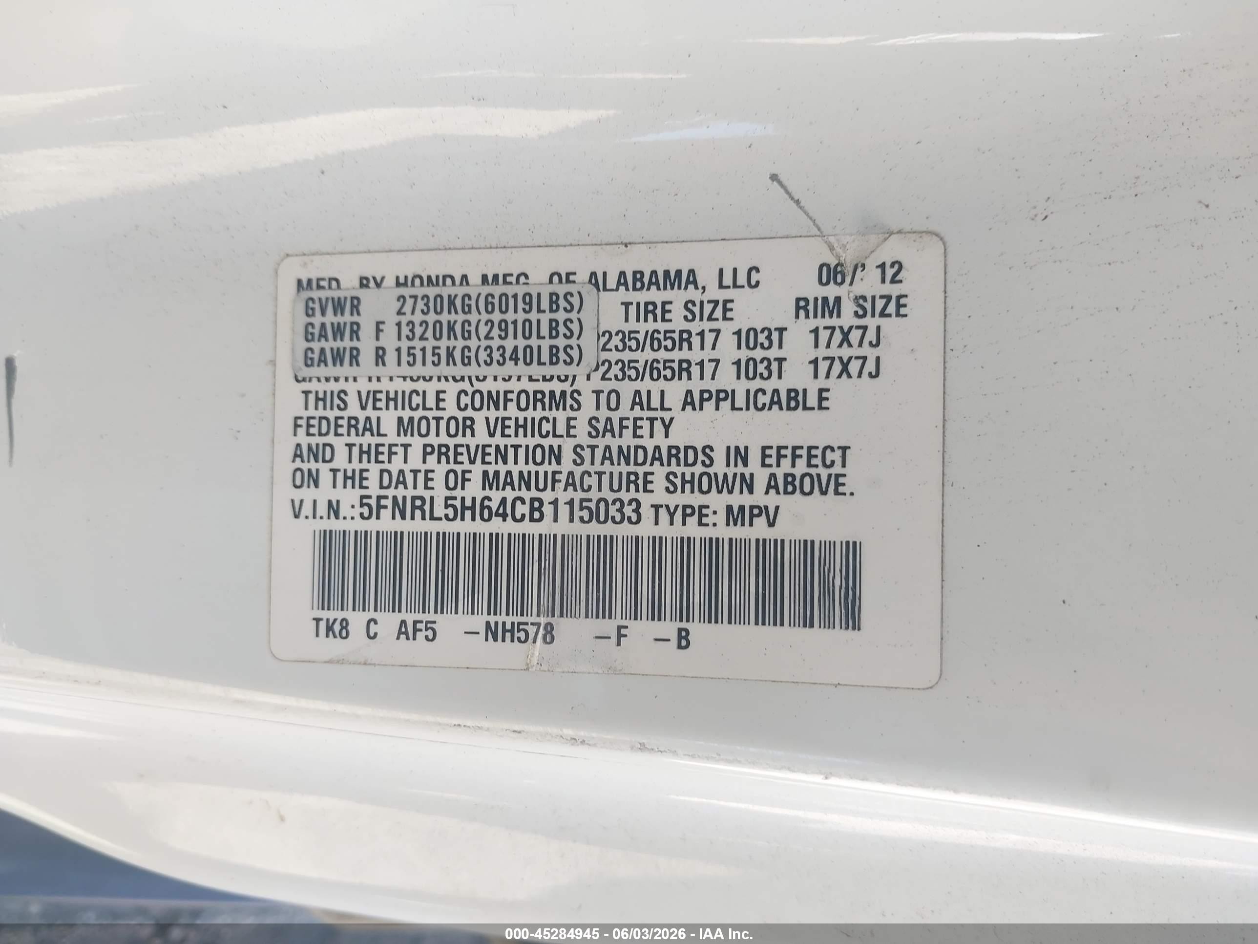 2012 Honda Odyssey Ex-l White vin: 5FNRL5H64CB115033