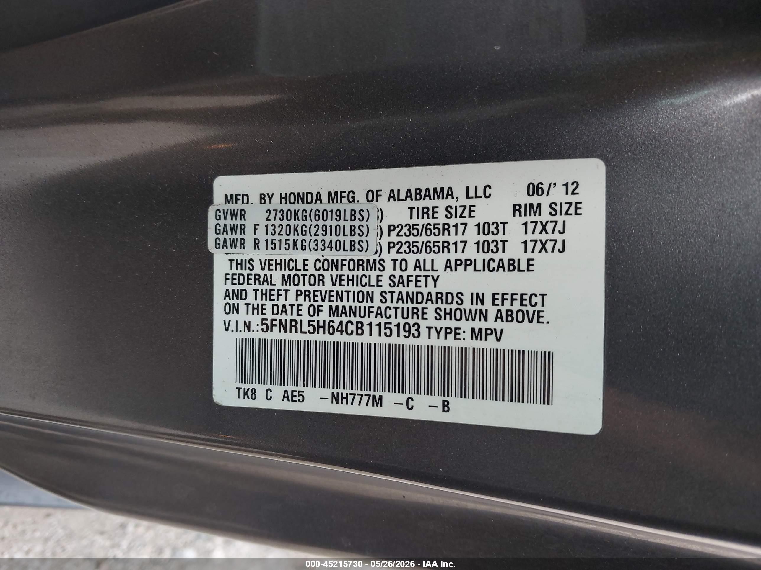 2012 Honda Odyssey Ex-l Gray vin: 5FNRL5H64CB115193