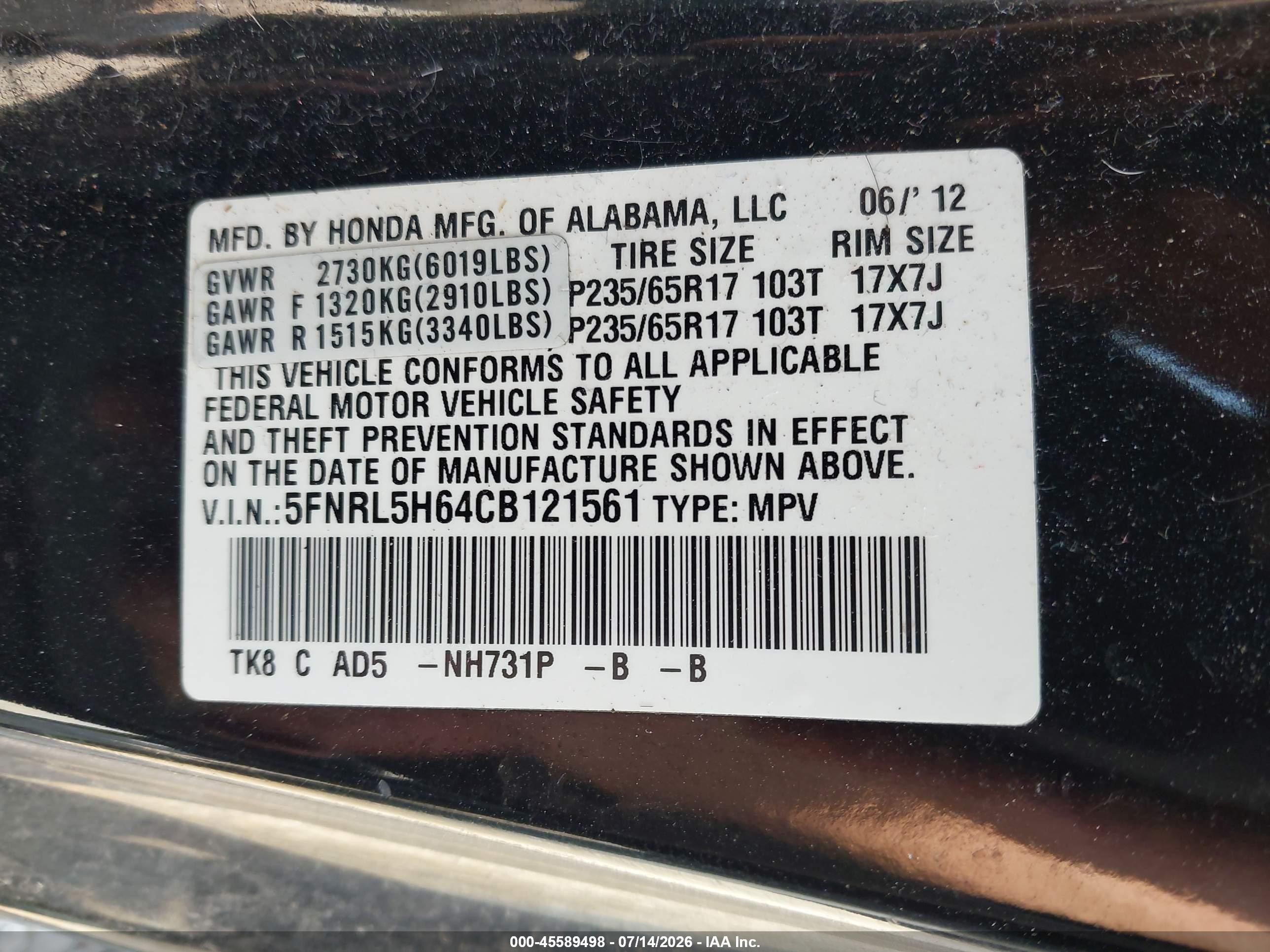 2012 Honda Odyssey Ex-l Black vin: 5FNRL5H64CB121561