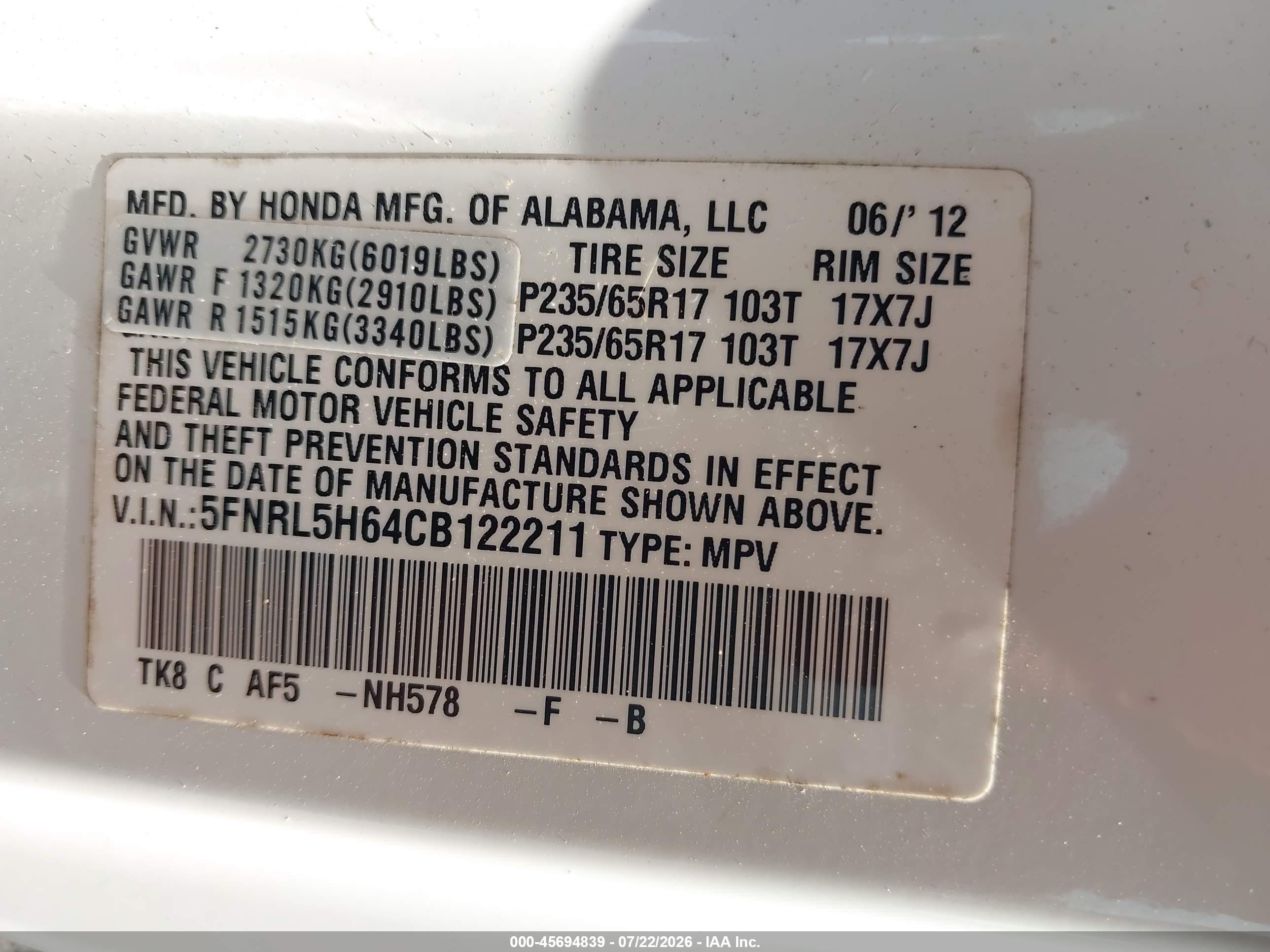 2012 Honda Odyssey Ex-l White vin: 5FNRL5H64CB122211
