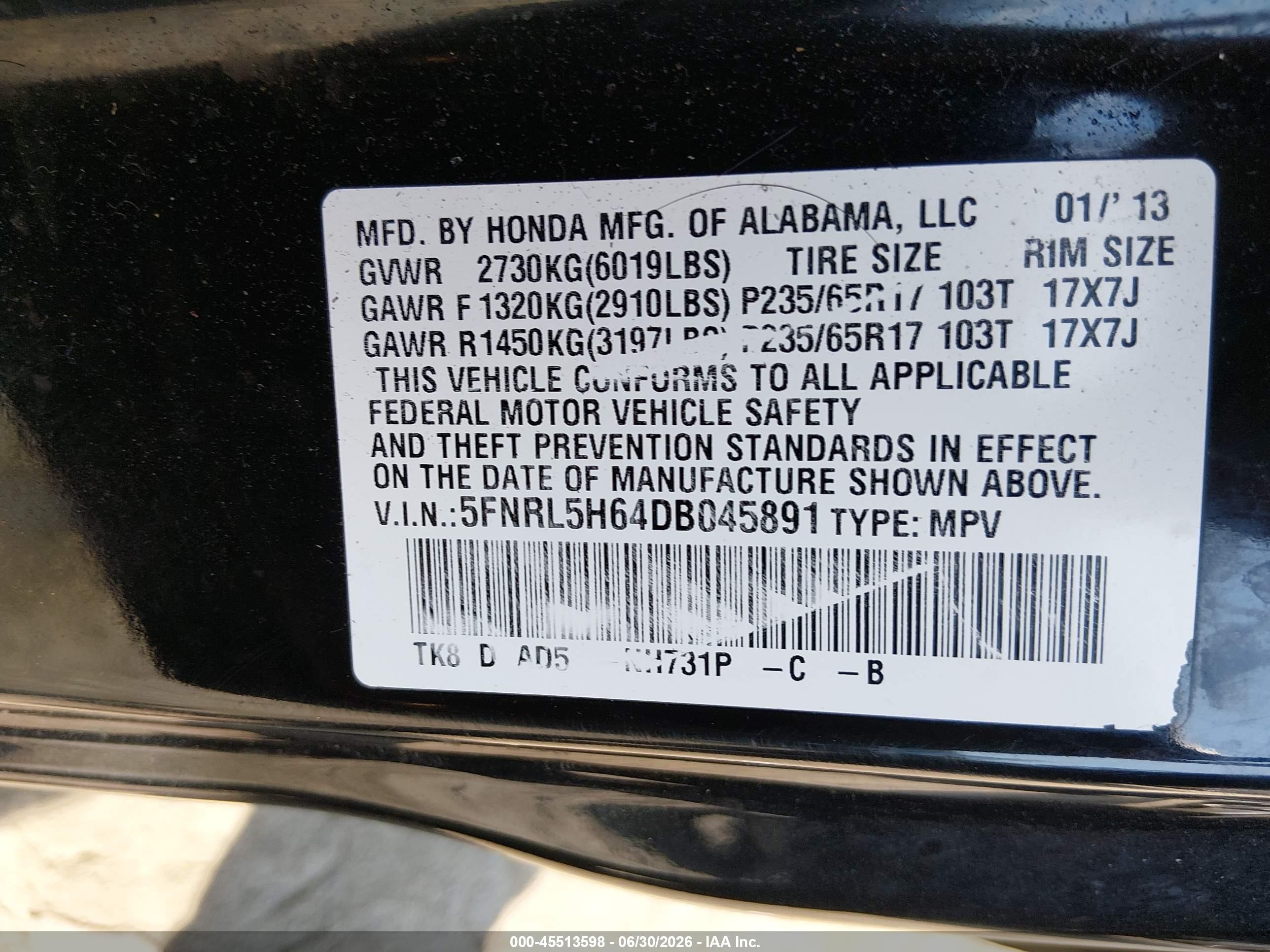 2013 Honda Odyssey Ex-l Черный vin: 5FNRL5H64DB045891