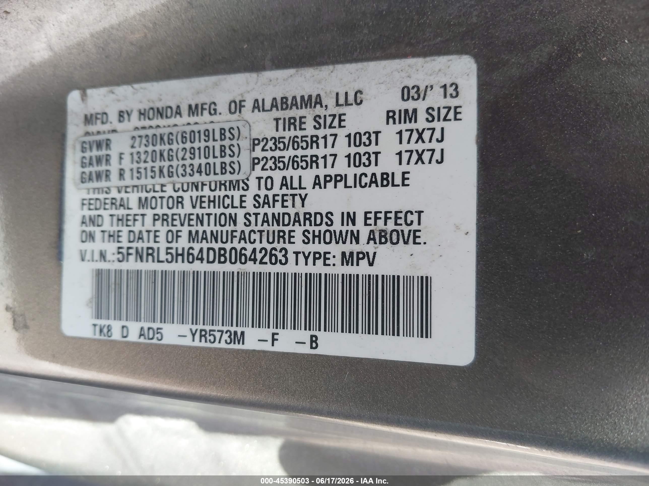 2013 Honda Odyssey Ex-l Champagne vin: 5FNRL5H64DB064263