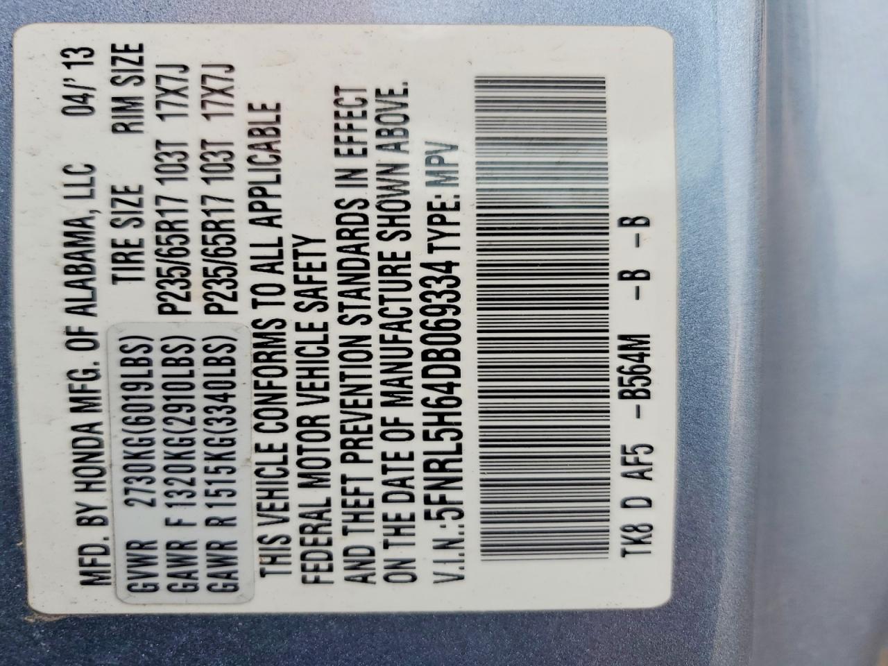2013 Honda Odyssey Exl Blue vin: 5FNRL5H64DB069334