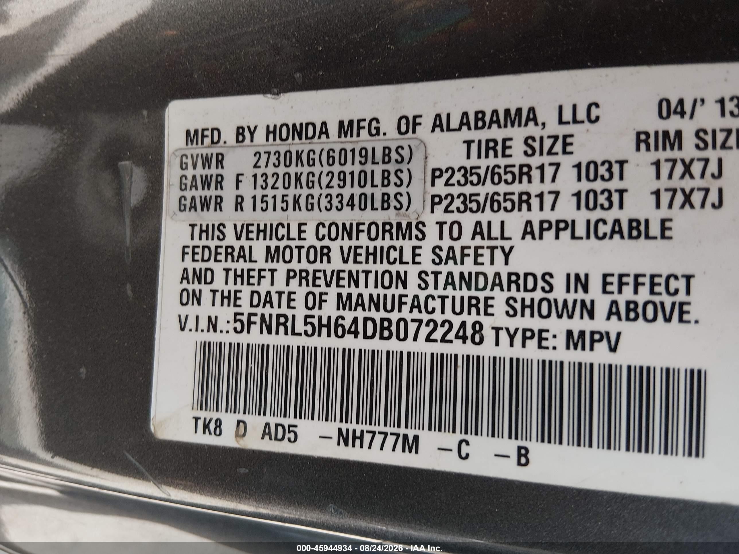 2013 Honda Odyssey Ex-l Gray vin: 5FNRL5H64DB072248