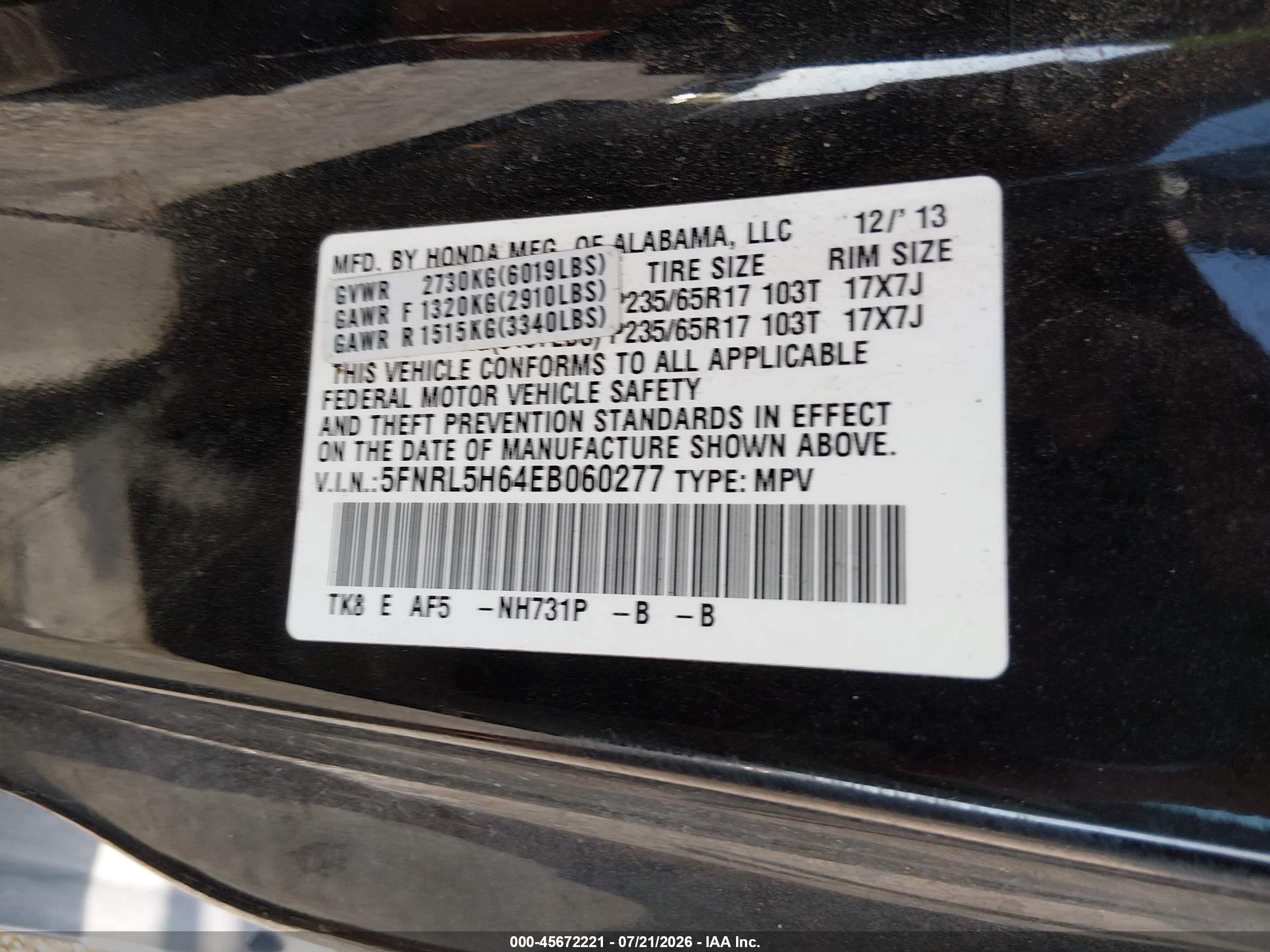2014 Honda Odyssey Ex-l Black vin: 5FNRL5H64EB060277