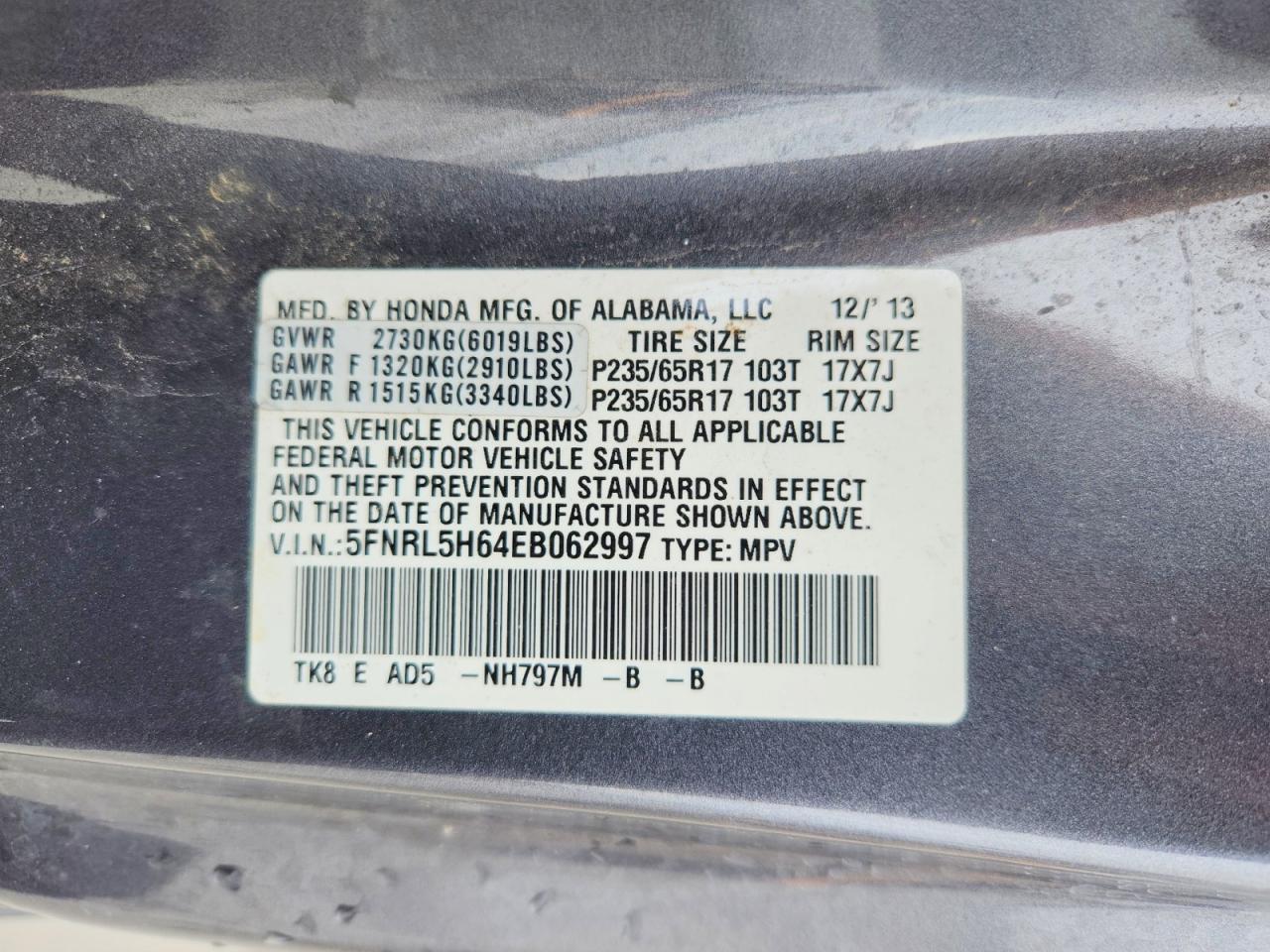2014 Honda Odyssey Exl Gray vin: 5FNRL5H64EB062997