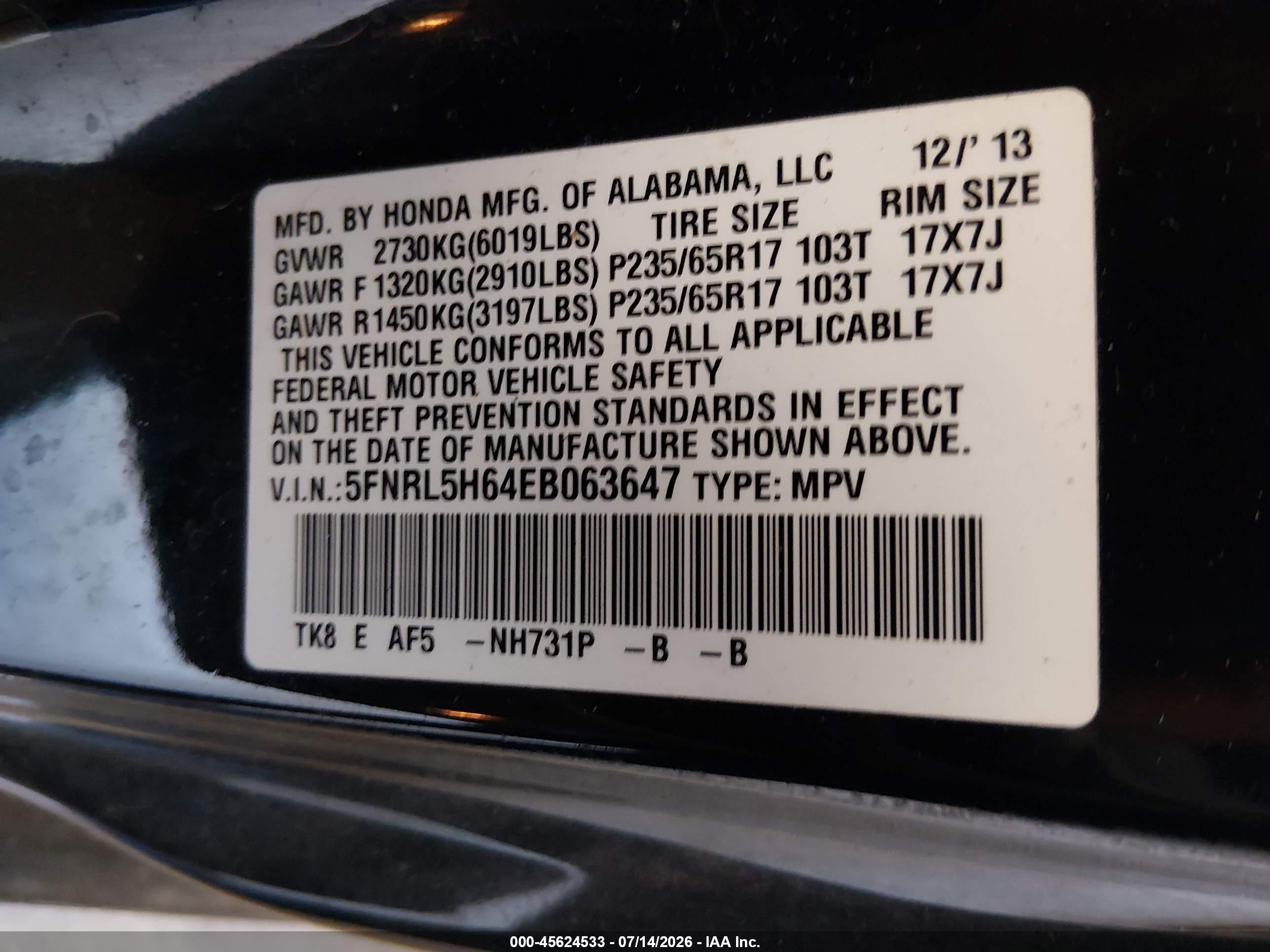 2014 Honda Odyssey Ex-l Black vin: 5FNRL5H64EB063647