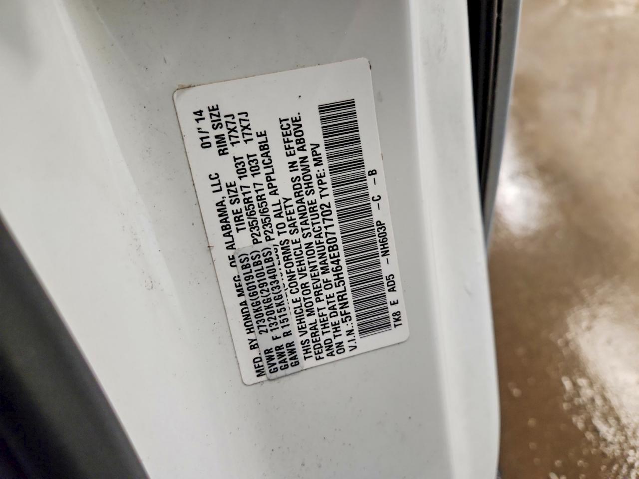 2014 Honda Odyssey Exl White vin: 5FNRL5H64EB071702