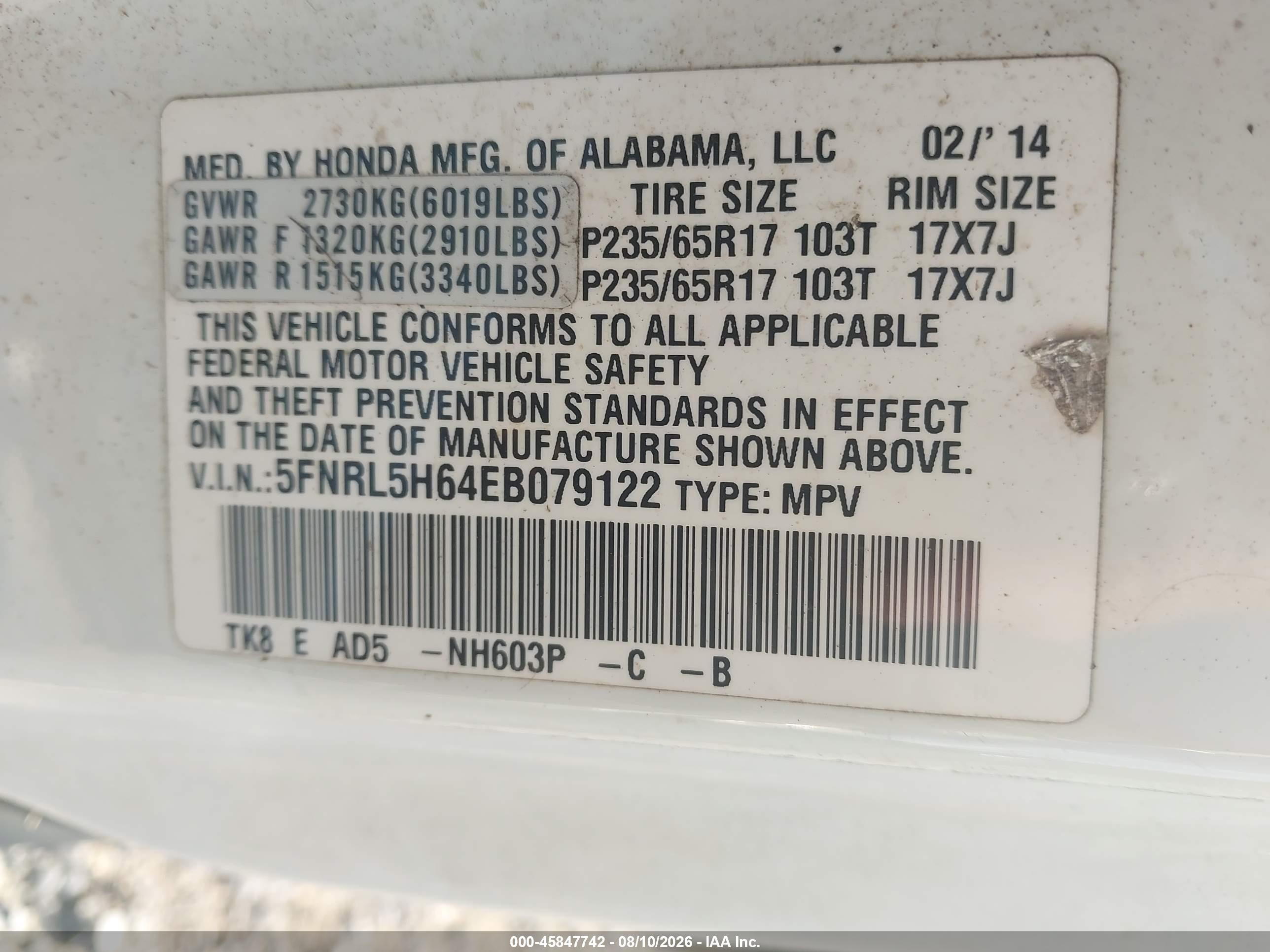 2014 Honda Odyssey Ex-l White vin: 5FNRL5H64EB079122