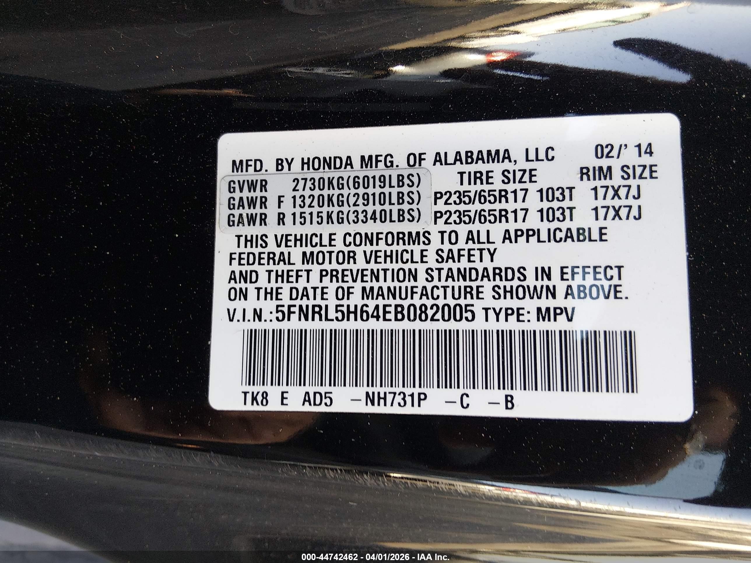 2014 Honda Odyssey Ex-l Black vin: 5FNRL5H64EB082005