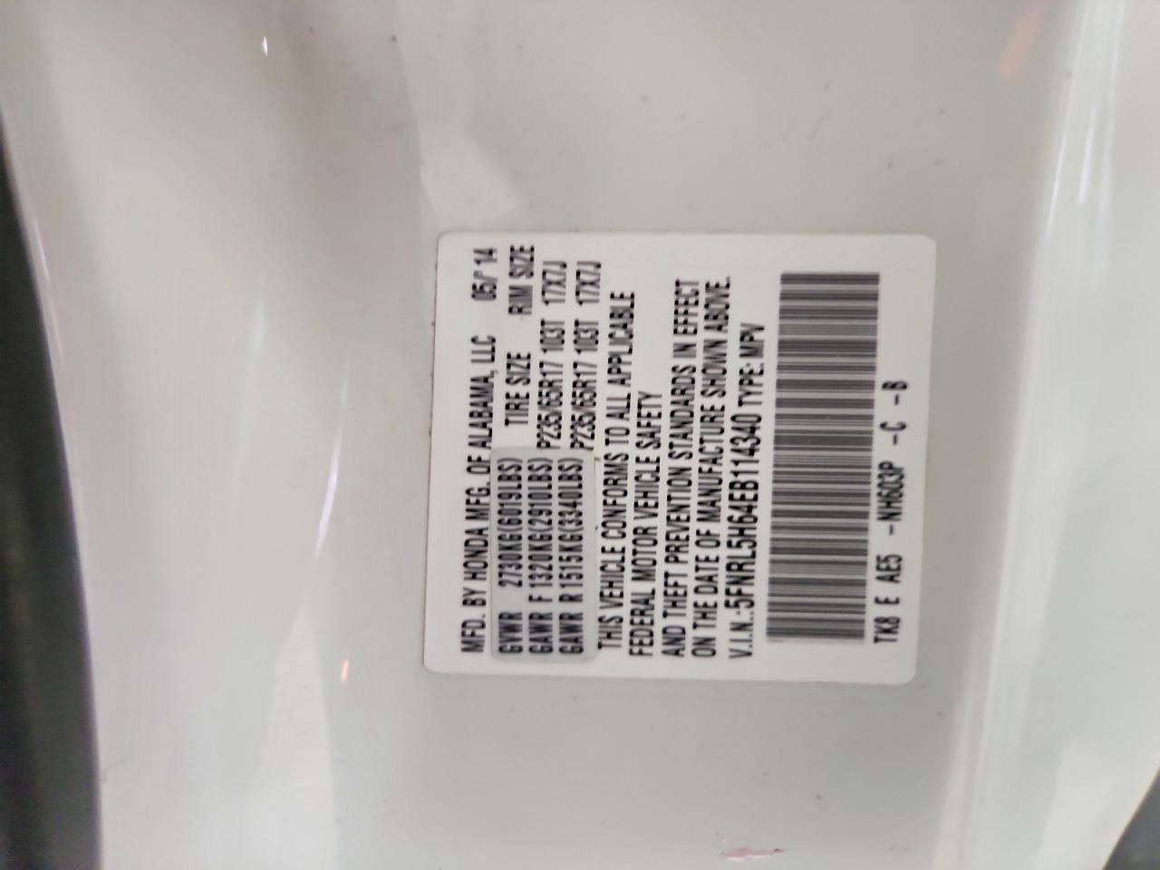 2014 Honda Odyssey Exl White vin: 5FNRL5H64EB114340