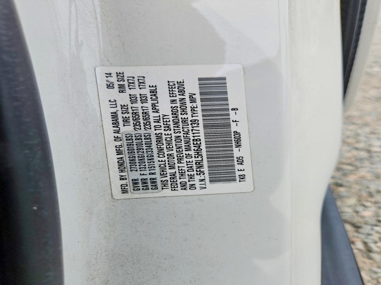 2014 Honda Odyssey Exl White vin: 5FNRL5H64EB117139
