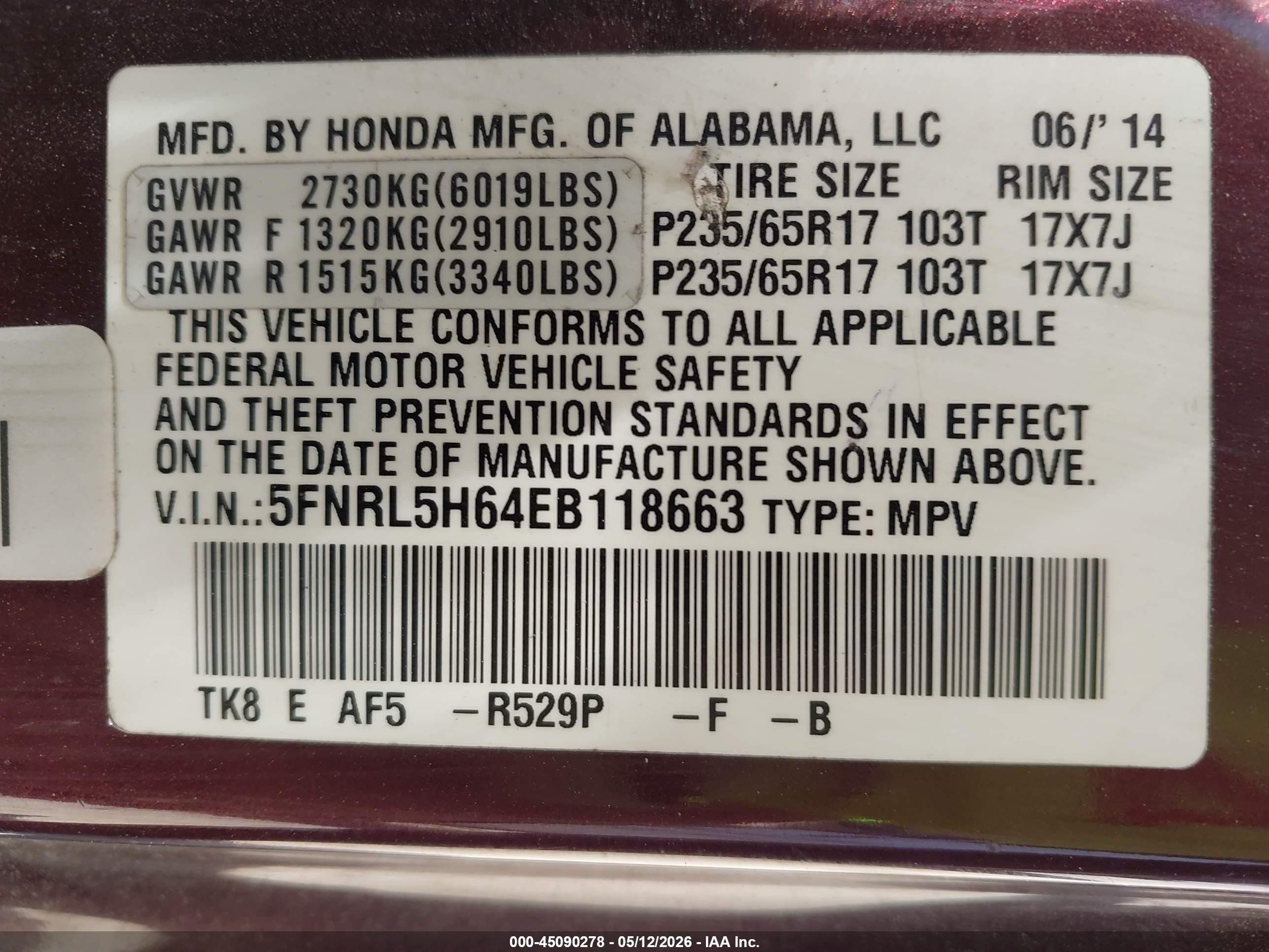 2014 Honda Odyssey Ex-l Burgundy vin: 5FNRL5H64EB118663