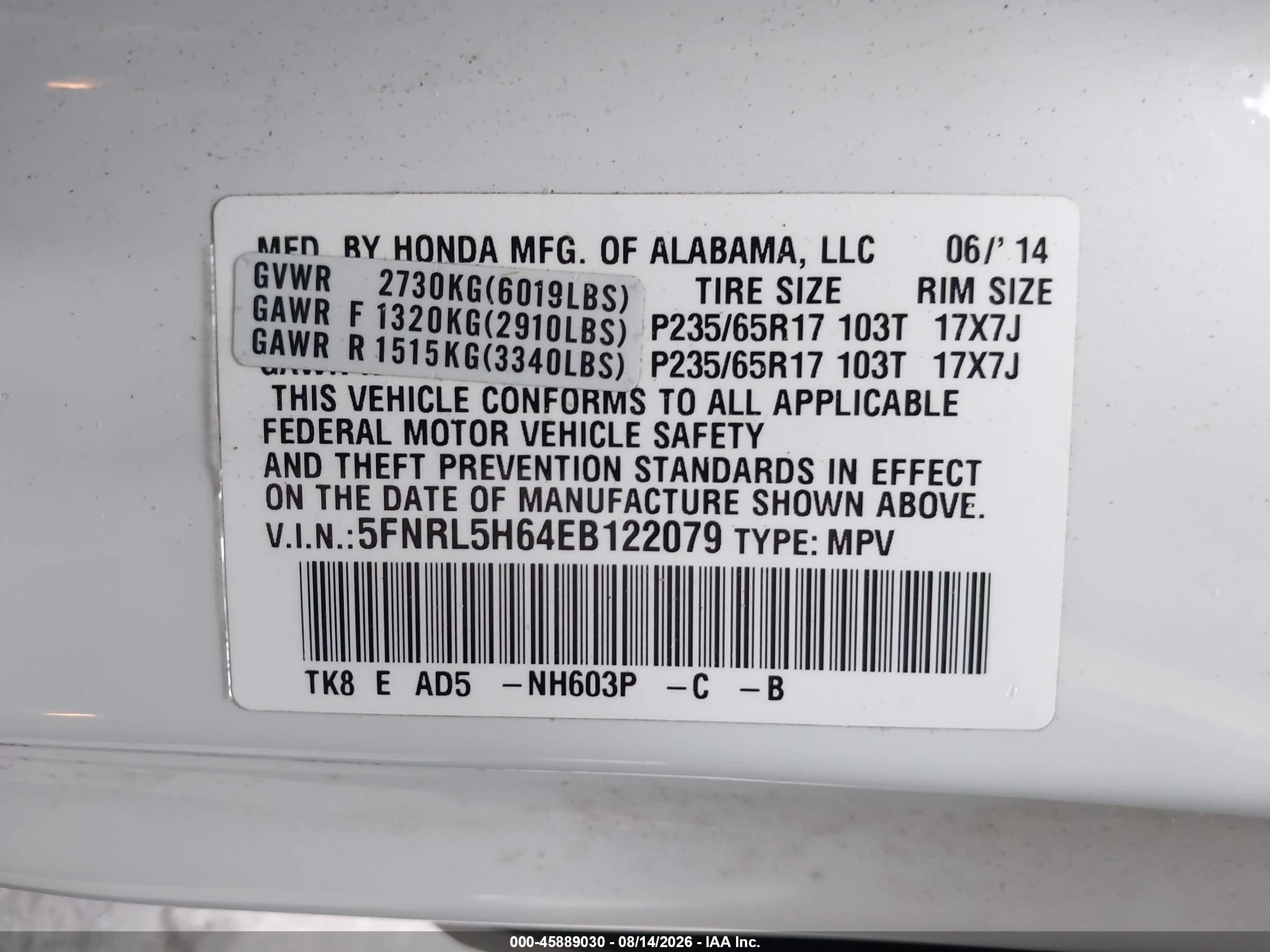 2014 Honda Odyssey Ex-l White vin: 5FNRL5H64EB122079