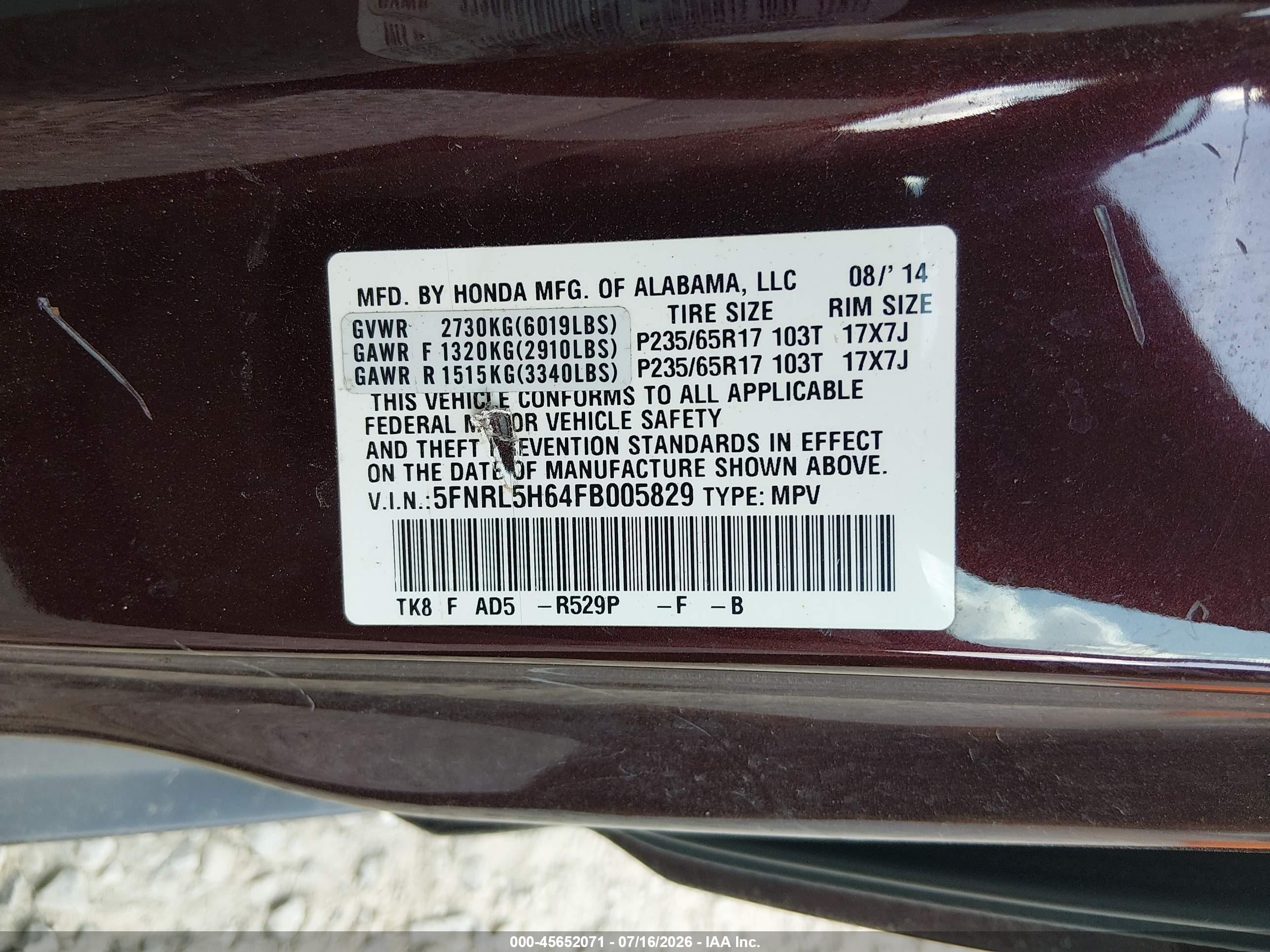 2015 Honda Odyssey Ex-l Burgundy vin: 5FNRL5H64FB005829