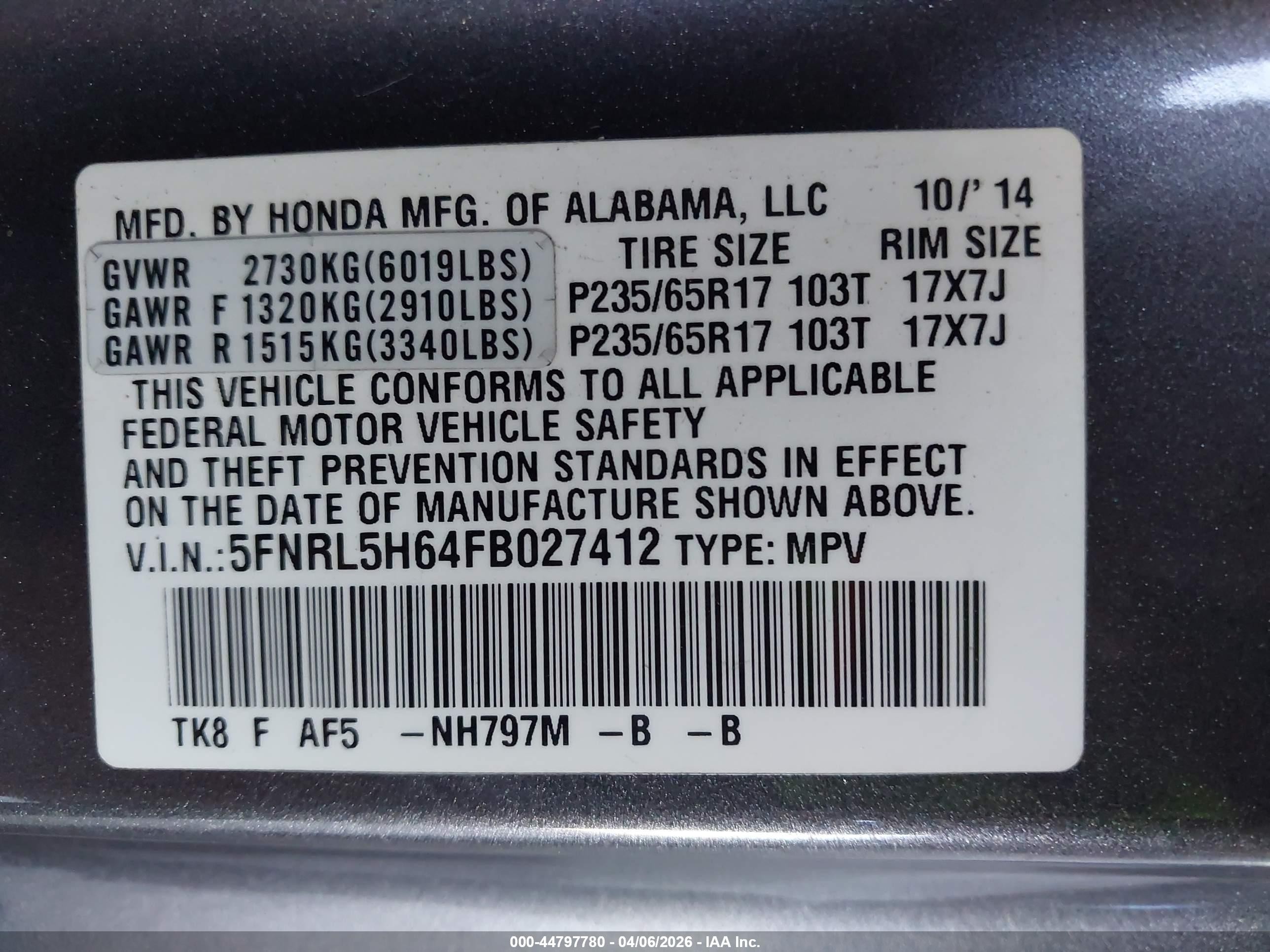 2015 Honda Odyssey Ex-l Gray vin: 5FNRL5H64FB027412