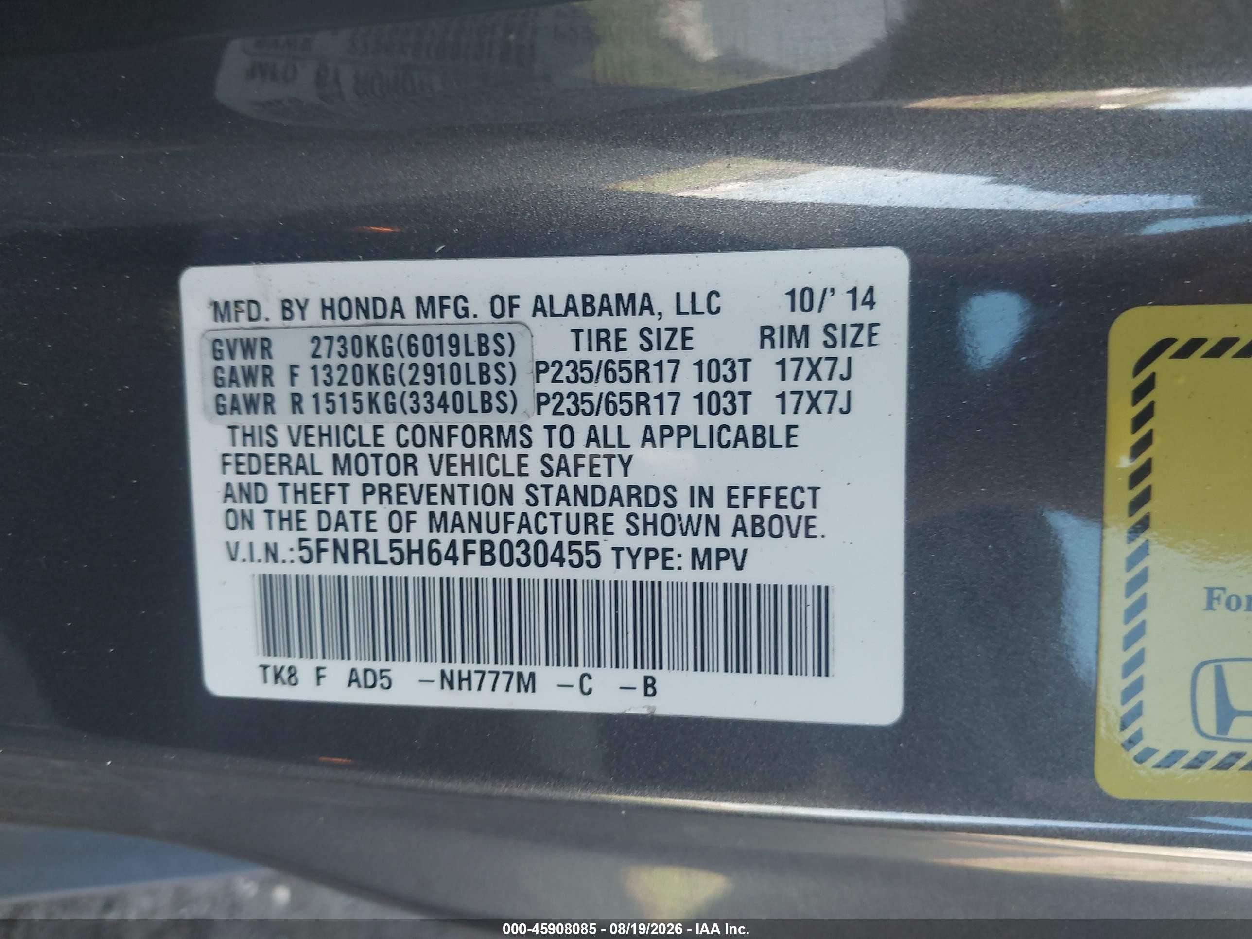 2015 Honda Odyssey Ex-l Gray vin: 5FNRL5H64FB030455