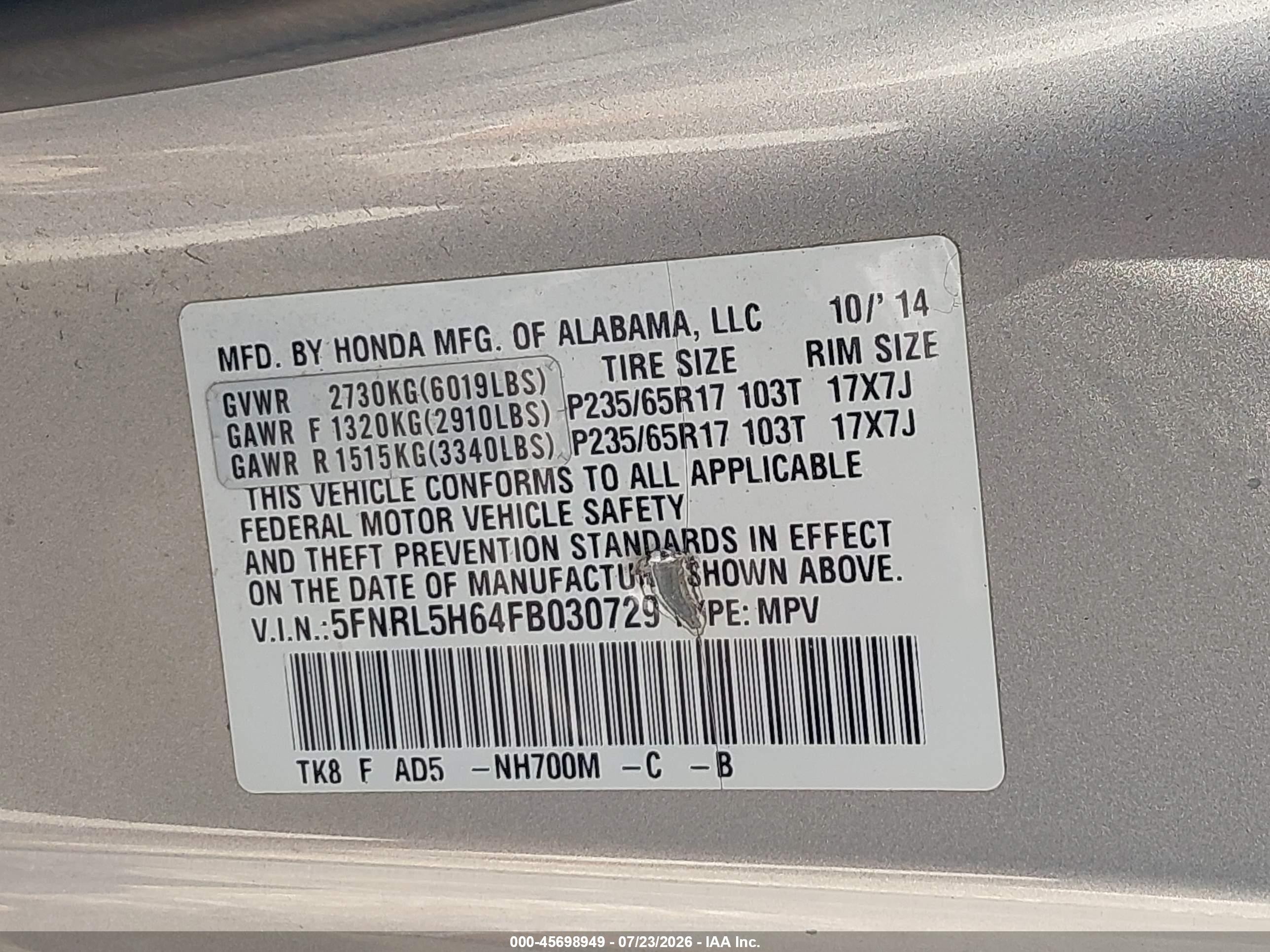 2015 Honda Odyssey Ex-l Silver vin: 5FNRL5H64FB030729