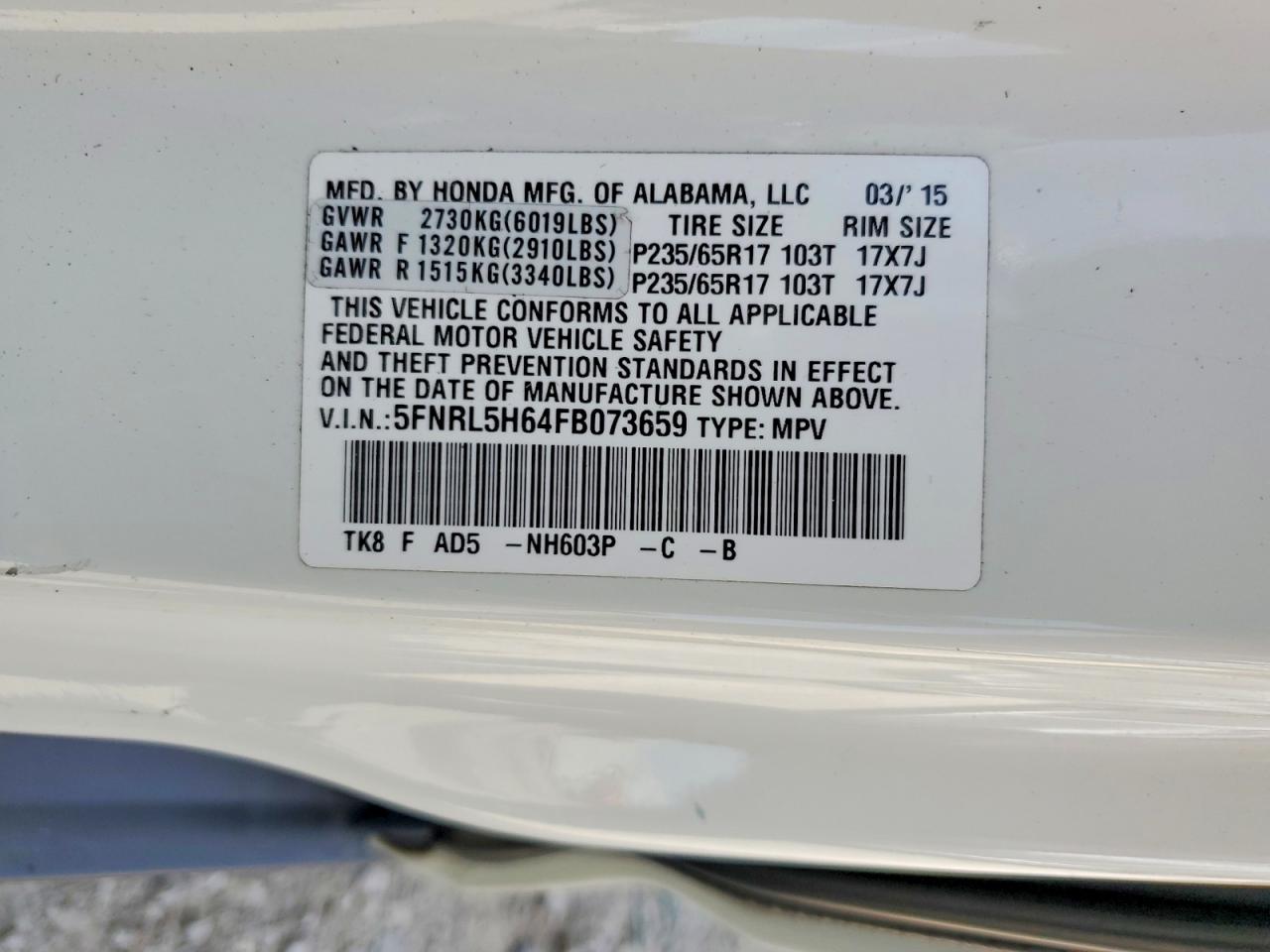 2015 Honda Odyssey Exl White vin: 5FNRL5H64FB073659