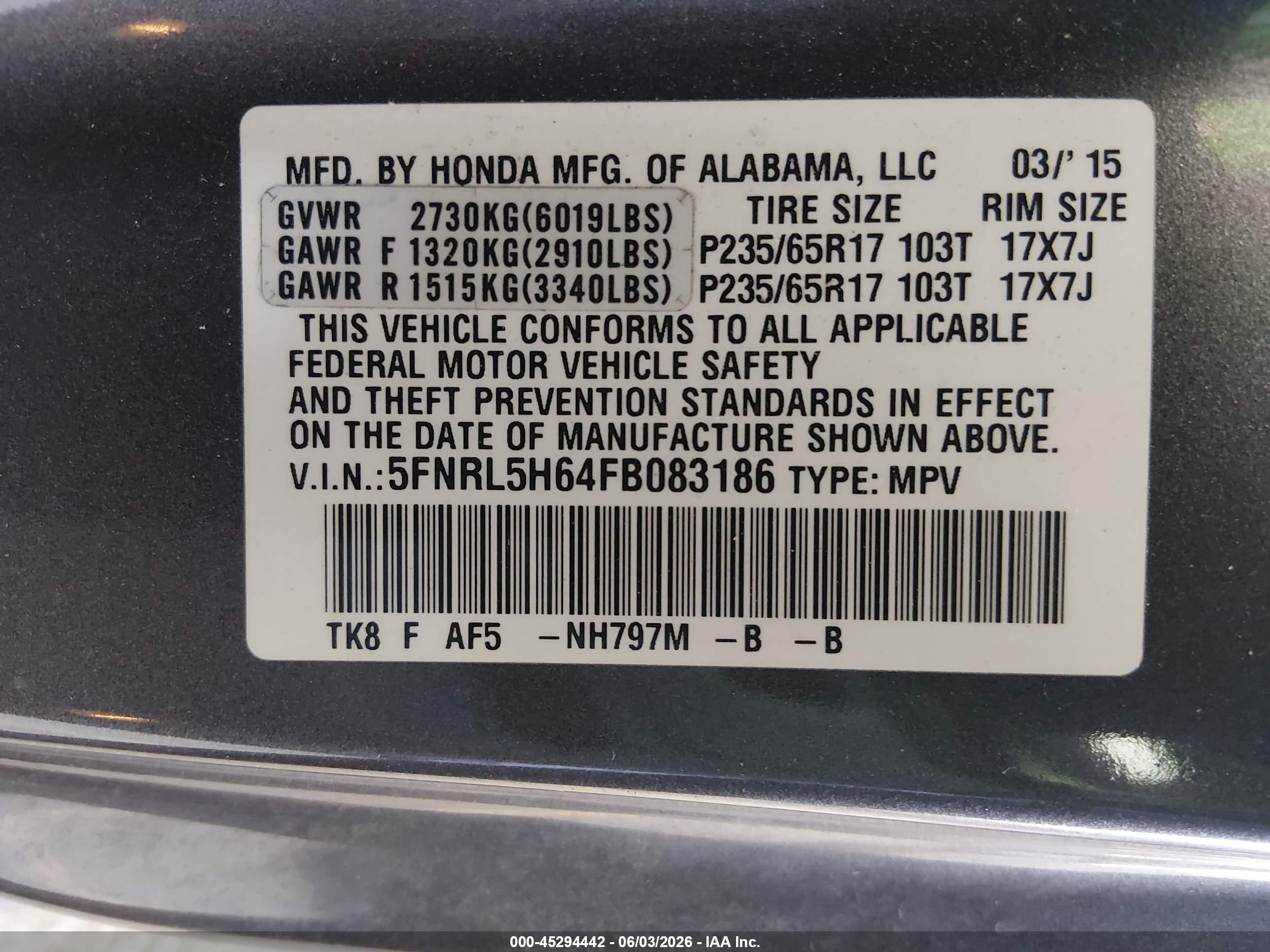 2015 Honda Odyssey Ex-l Gray vin: 5FNRL5H64FB083186