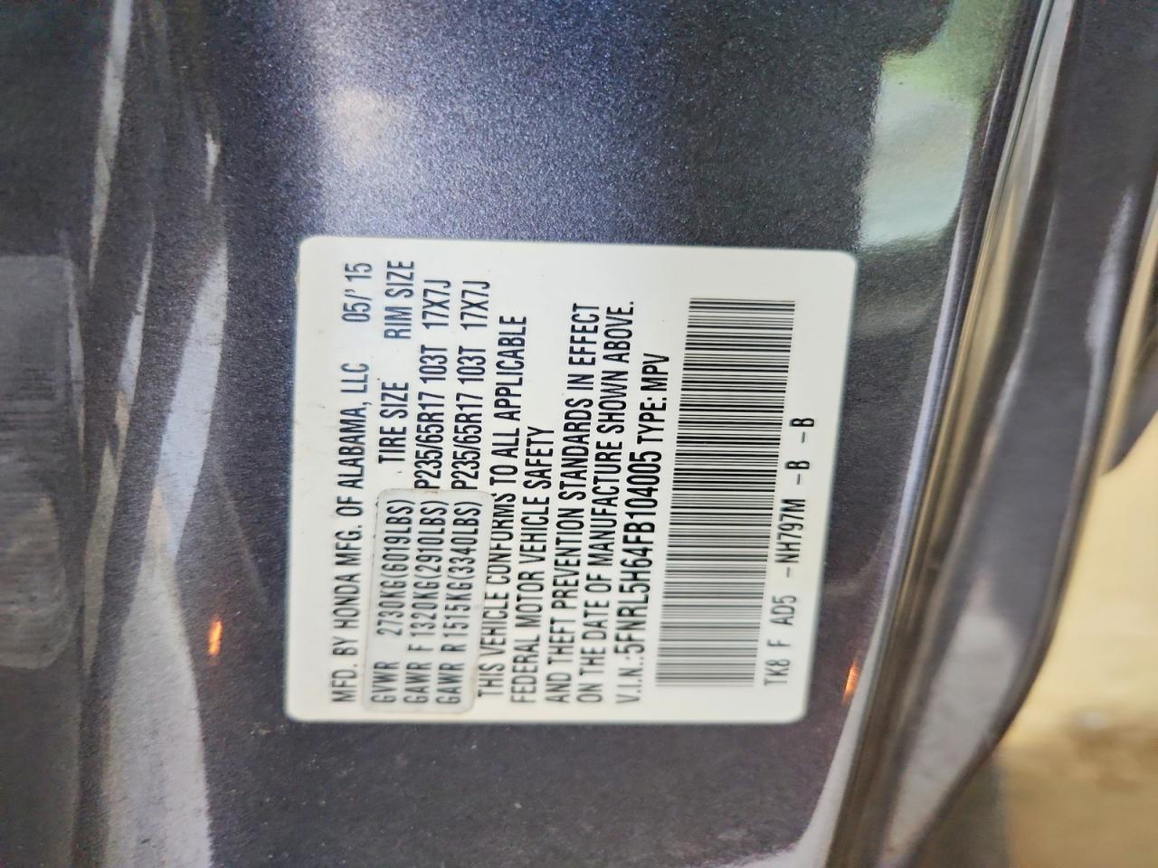 2015 Honda Odyssey Exl Gray vin: 5FNRL5H64FB104005