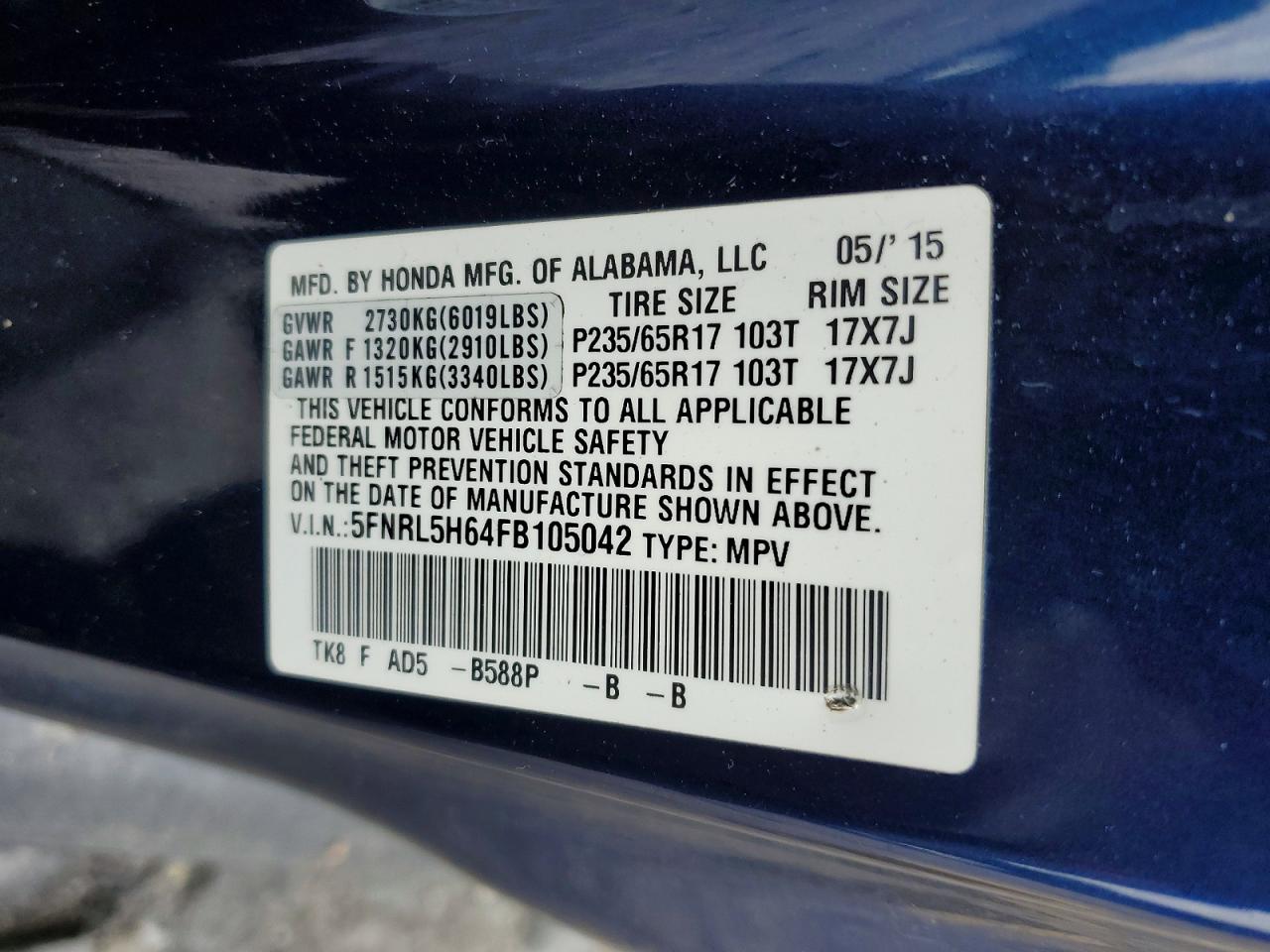 2015 Honda Odyssey Exl Blue vin: 5FNRL5H64FB105042