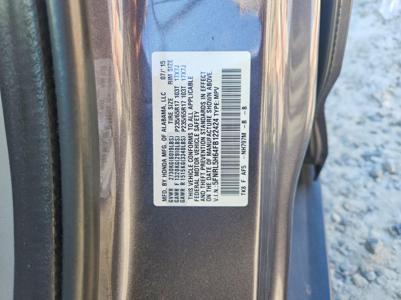 2015 Honda Odyssey Exl Gray vin: 5FNRL5H64FB122424