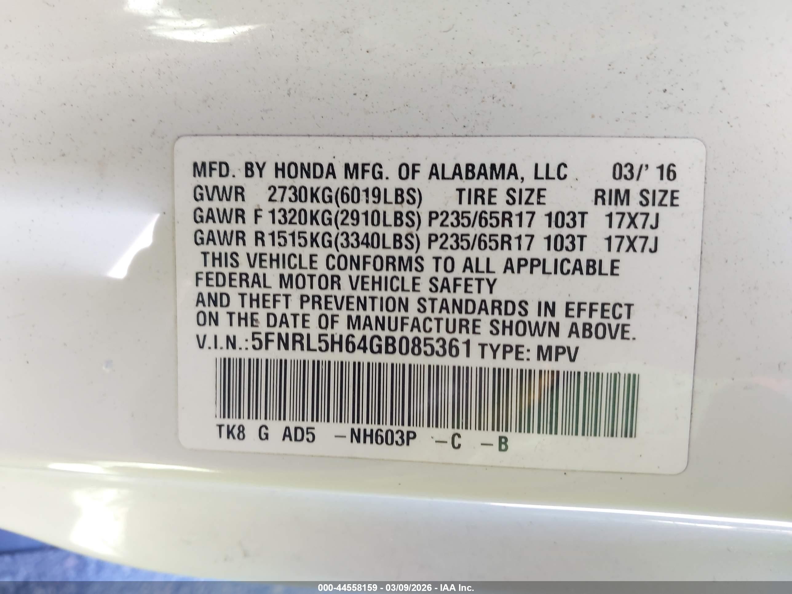 2016 Honda Odyssey Ex-l White vin: 5FNRL5H64GB085361