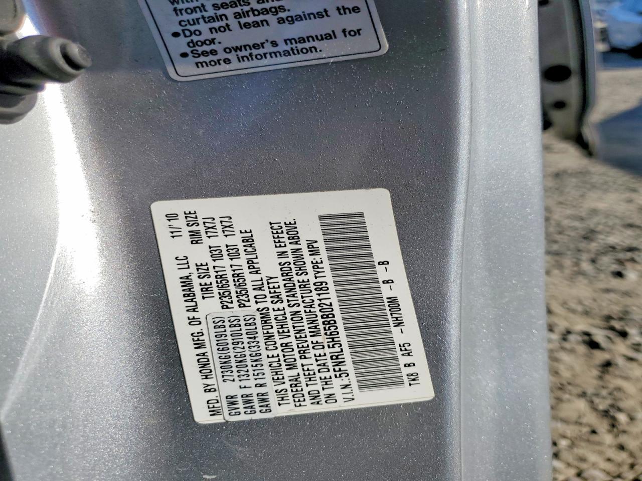 2011 Honda Odyssey Exl Silver vin: 5FNRL5H65BB021189