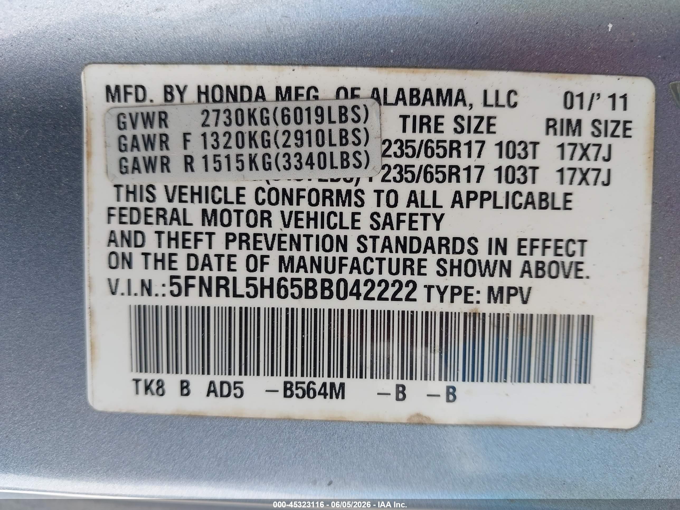 2011 Honda Odyssey Ex-l Blue vin: 5FNRL5H65BB042222