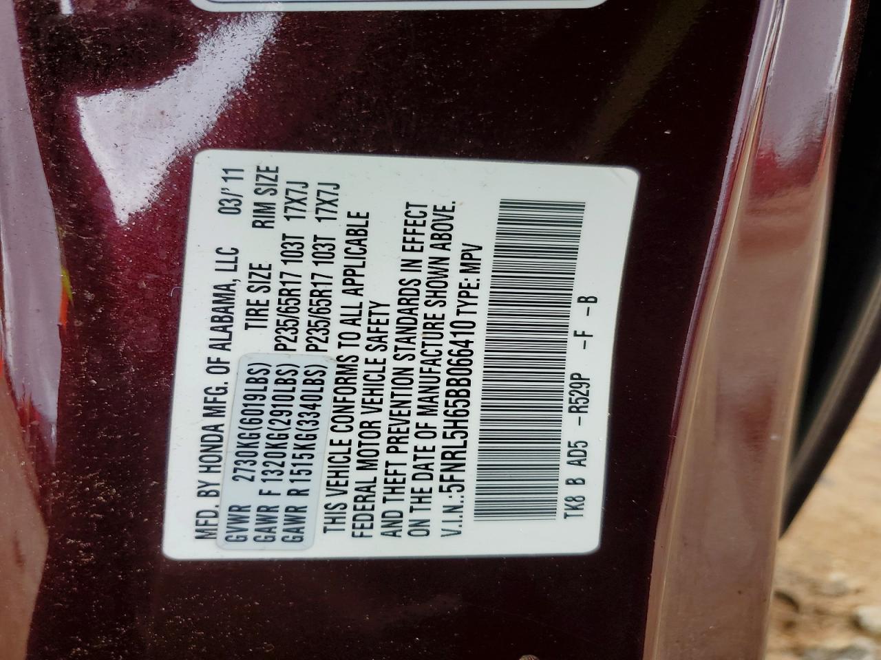 2011 Honda Odyssey Exl Burgundy vin: 5FNRL5H65BB066410